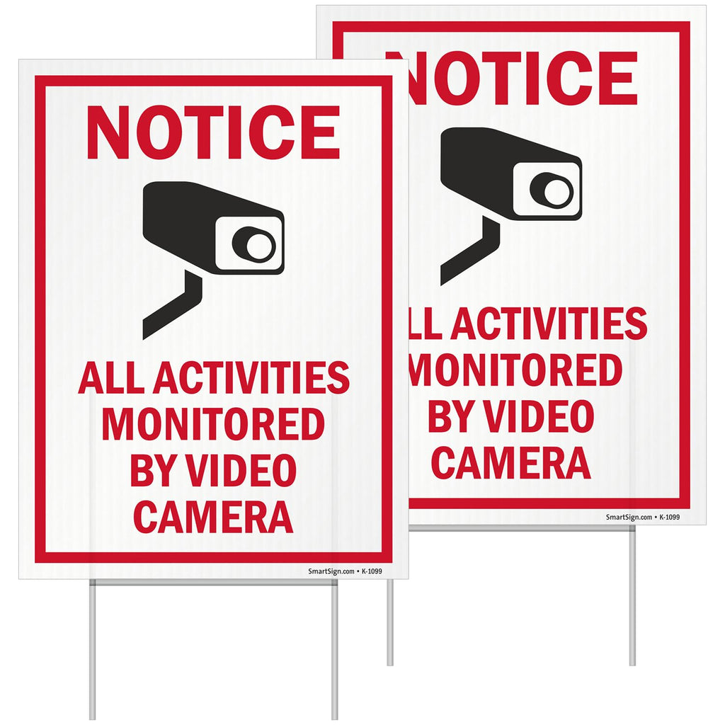 SmartSign (2-Pack) All Activities Monitored By Video Camera Yard Sign with 15" Metal H-Stake 9" x 12", Double Sided Sign with Camera Symbol, 160 mil Thick Corrugated Plastic Lawn Signs, USA-Made