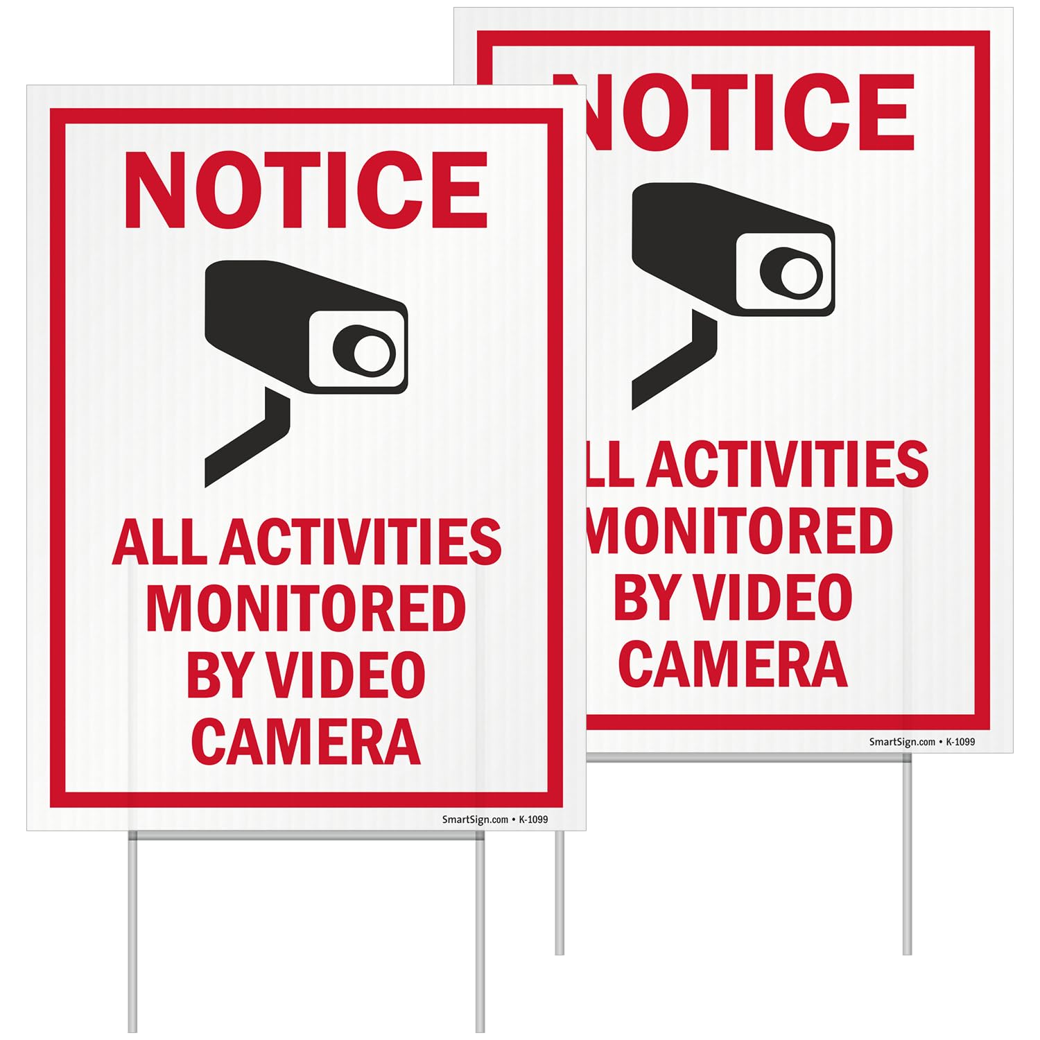 SmartSign (2-Pack) All Activities Monitored By Video Camera Yard Sign with 15" Metal H-Stake 9" x 12", Double Sided Sign with Camera Symbol, 160 mil Thick Corrugated Plastic Lawn Signs, USA-Made
