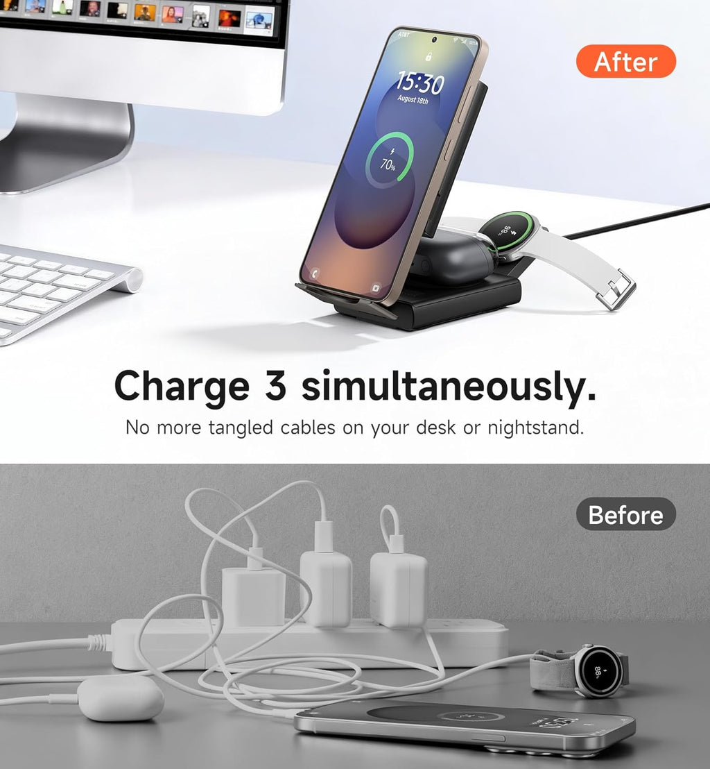 SURITCH for Samsung 3-in-1 Wireless Charging Station, 15W Ultra-Compact Chargers Foldable Charging Dock Stand for Galaxy S25 S24 S23 S22 S21 Z Fold/Z Flip, Galaxy Watch 8/7/6/5/4/3, Galaxy Buds, Black