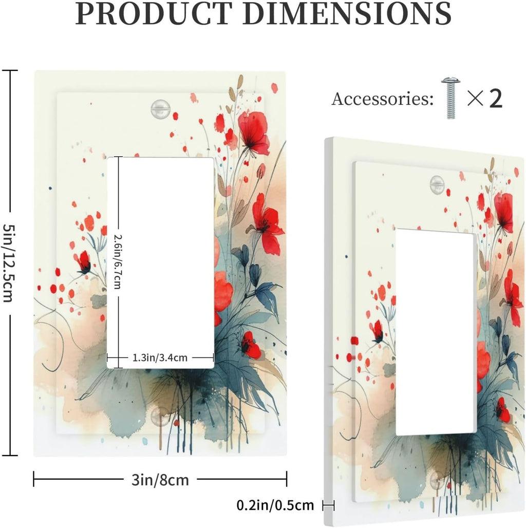 Vintage Floral Red Watercolor Modern Decorative Outlet Covers 1 Gang Single Rocker Light Switch Cover Plate Wall Plates GFCI Faceplate for Bedroom Bathroom Decor