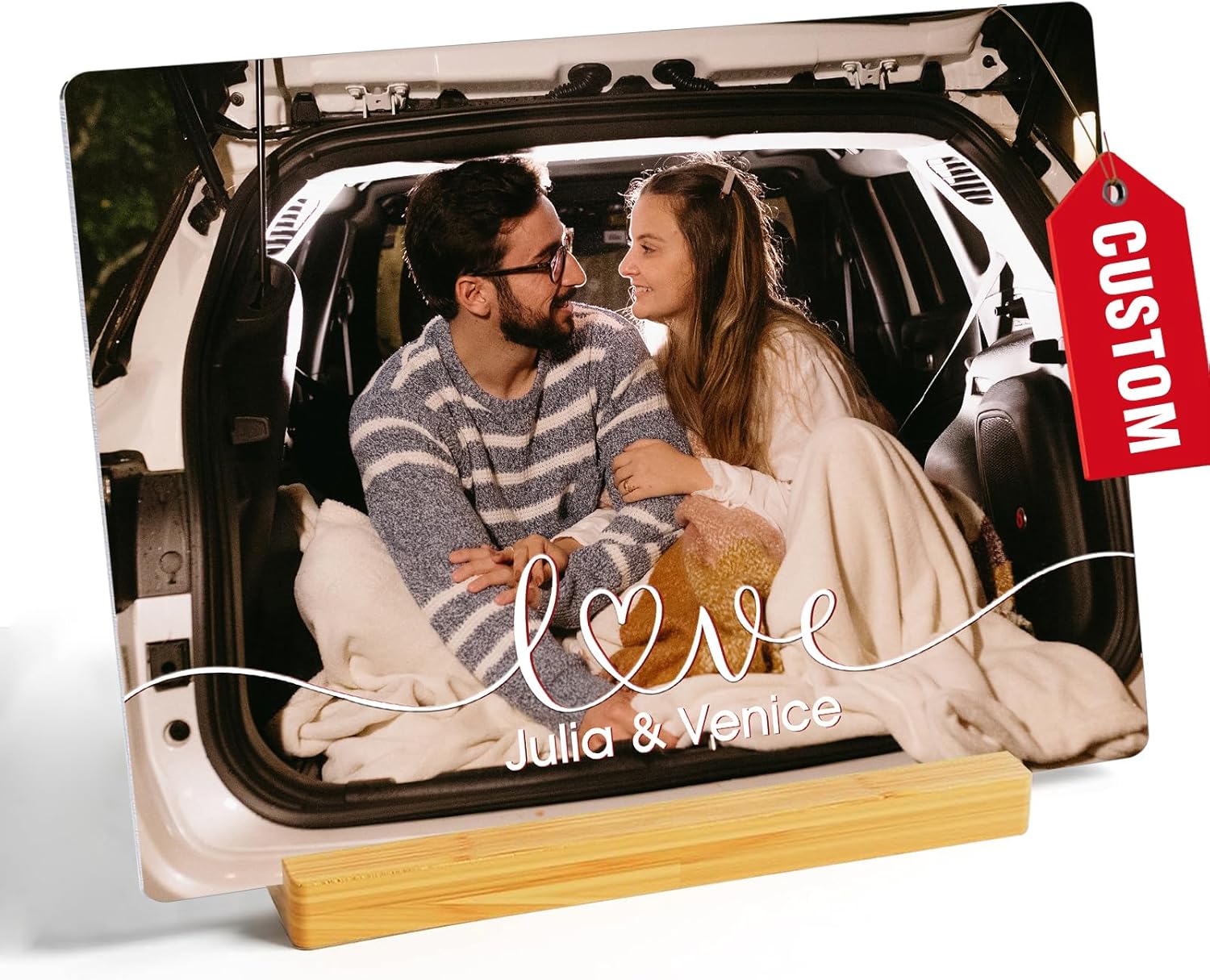 Custom Photo Prints - Metal Desktop Picture Frame with Photos & Name & Wooden Base Personalized Gifts for Family Friends and Lovers, Optional Multiple Sizes