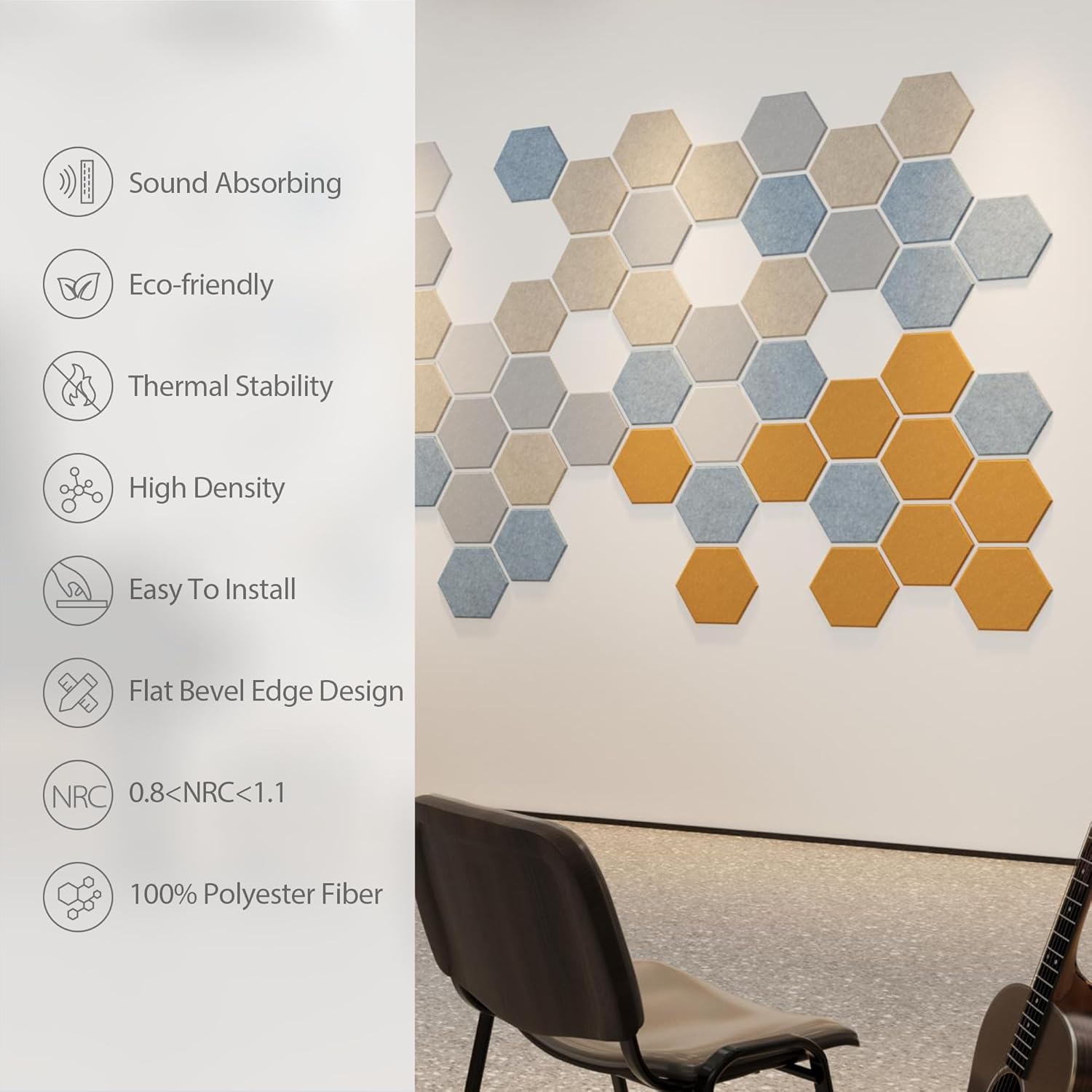 12 Pack Acoustic Panels Self Adhesive Sound Proof Foam, High Density Sound Acoustic Foam Panel, 12X10.23X0.4 Inch Hexagon Wall Panels in Home, Office, Reccording Room, Studio(Orange)