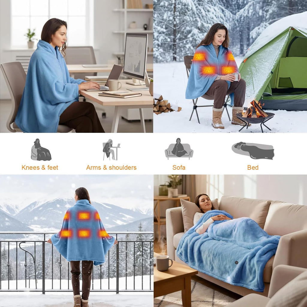 Cordless Heated Blanket Battery Operated with Fleece Lining 7.4V 16000mAh Battery Portable Wearable Heated Shawl for Women Men 6 Heating Zones 3 Fast-Heating Levels (Battery Included)