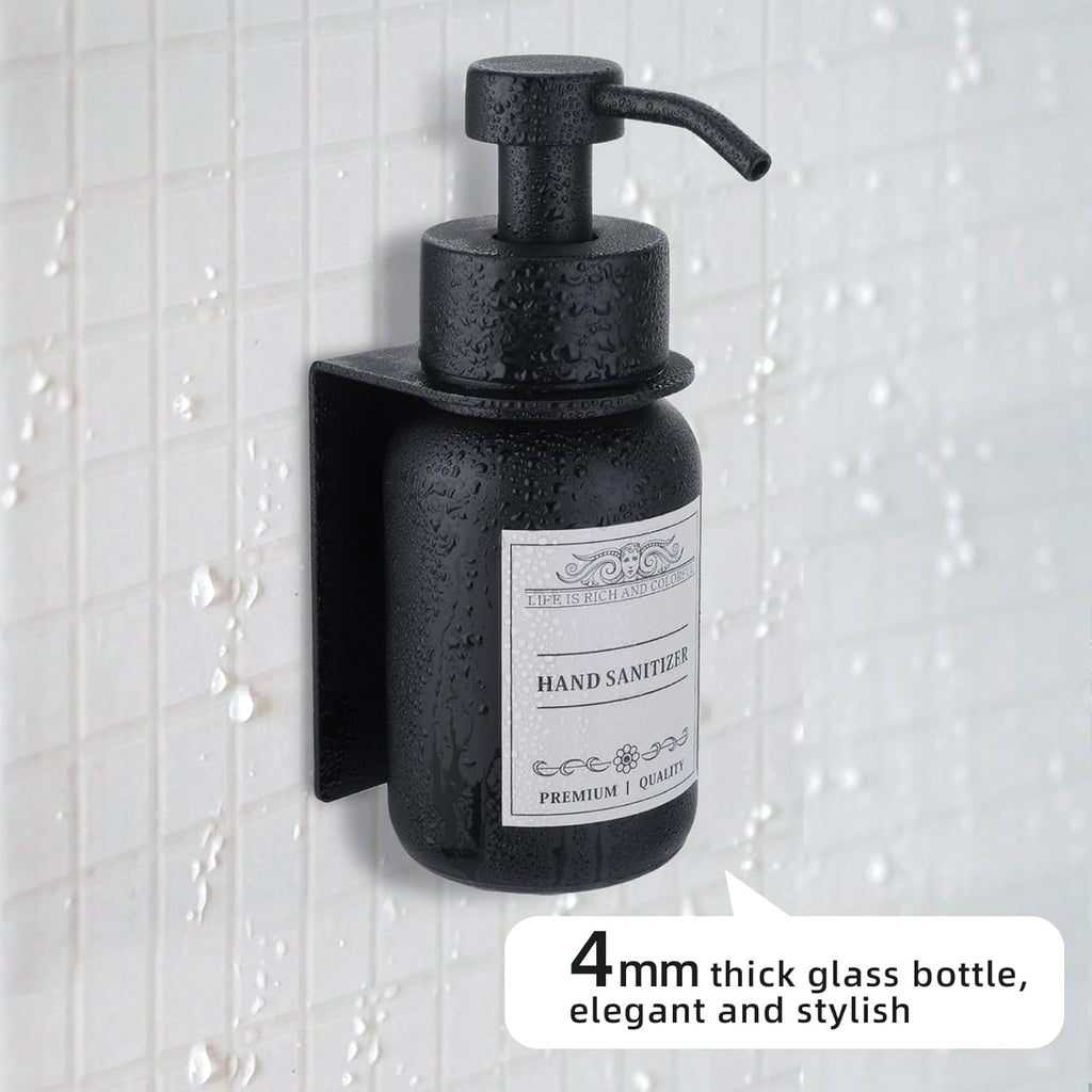 Black Glass Soap Dispenser Wall Mount for Bathroom with Pump and Drill-Free Holders - 8.5 Oz Hand Soap Dispenser, Shower Dispenser with Waterproof Labels