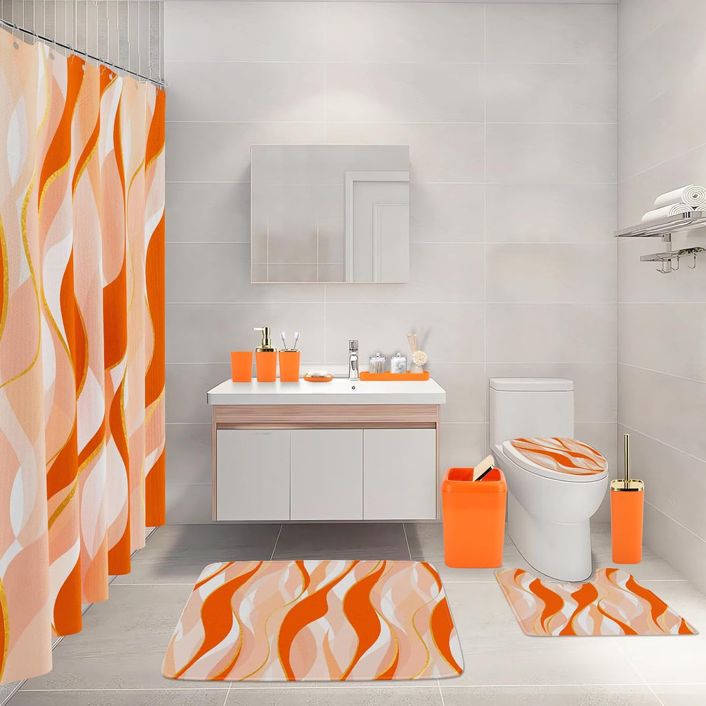 Bathroom Set - Orange and Gold Bathroom Accessories, Bathroom Sets with Shower Curtain and Rugs, Orange Shower Curtain Set with Bathroom Trash Can, Soap Dispenser, Soap Dish for Home Decor