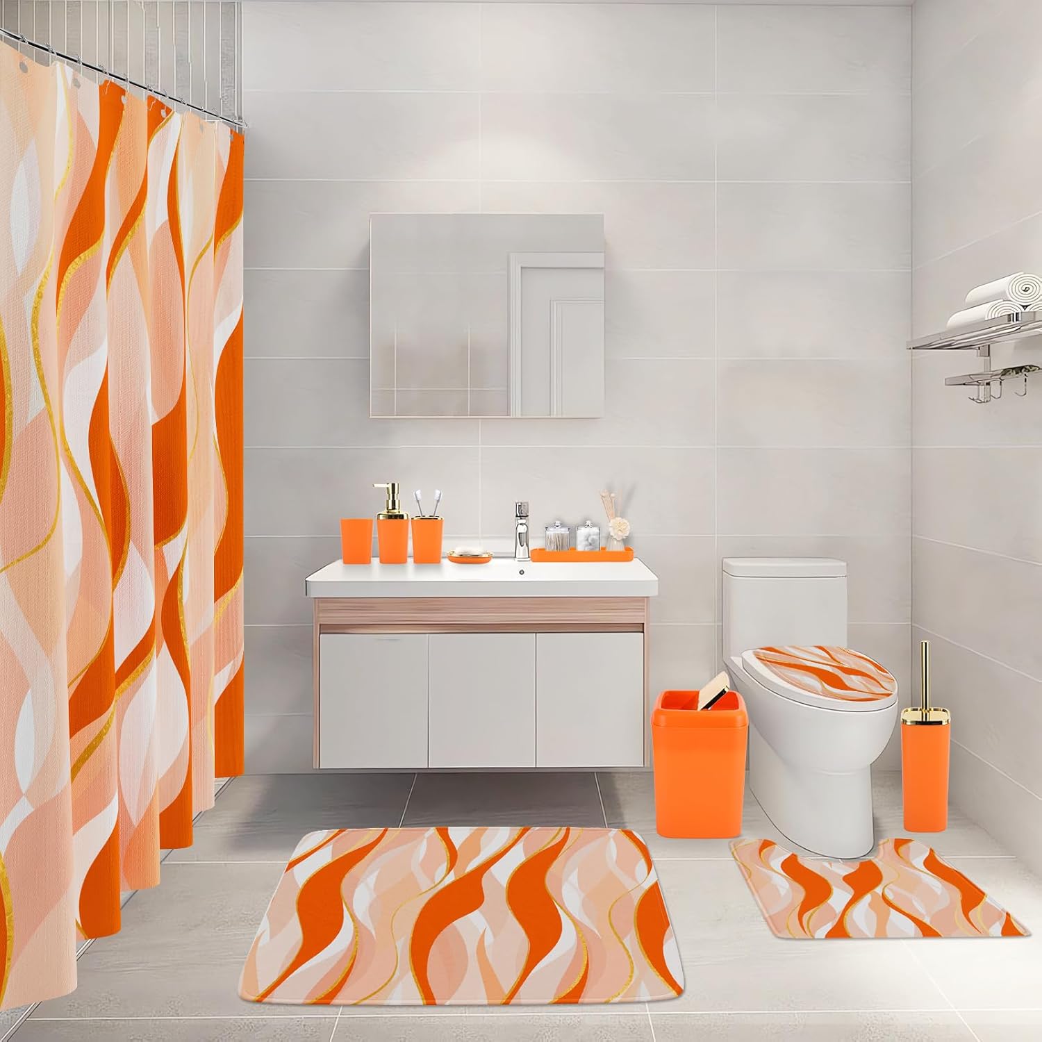 Bathroom Set - Orange and Gold Bathroom Accessories, Bathroom Sets with Shower Curtain and Rugs, Orange Shower Curtain Set with Bathroom Trash Can, Soap Dispenser, Soap Dish for Home Decor