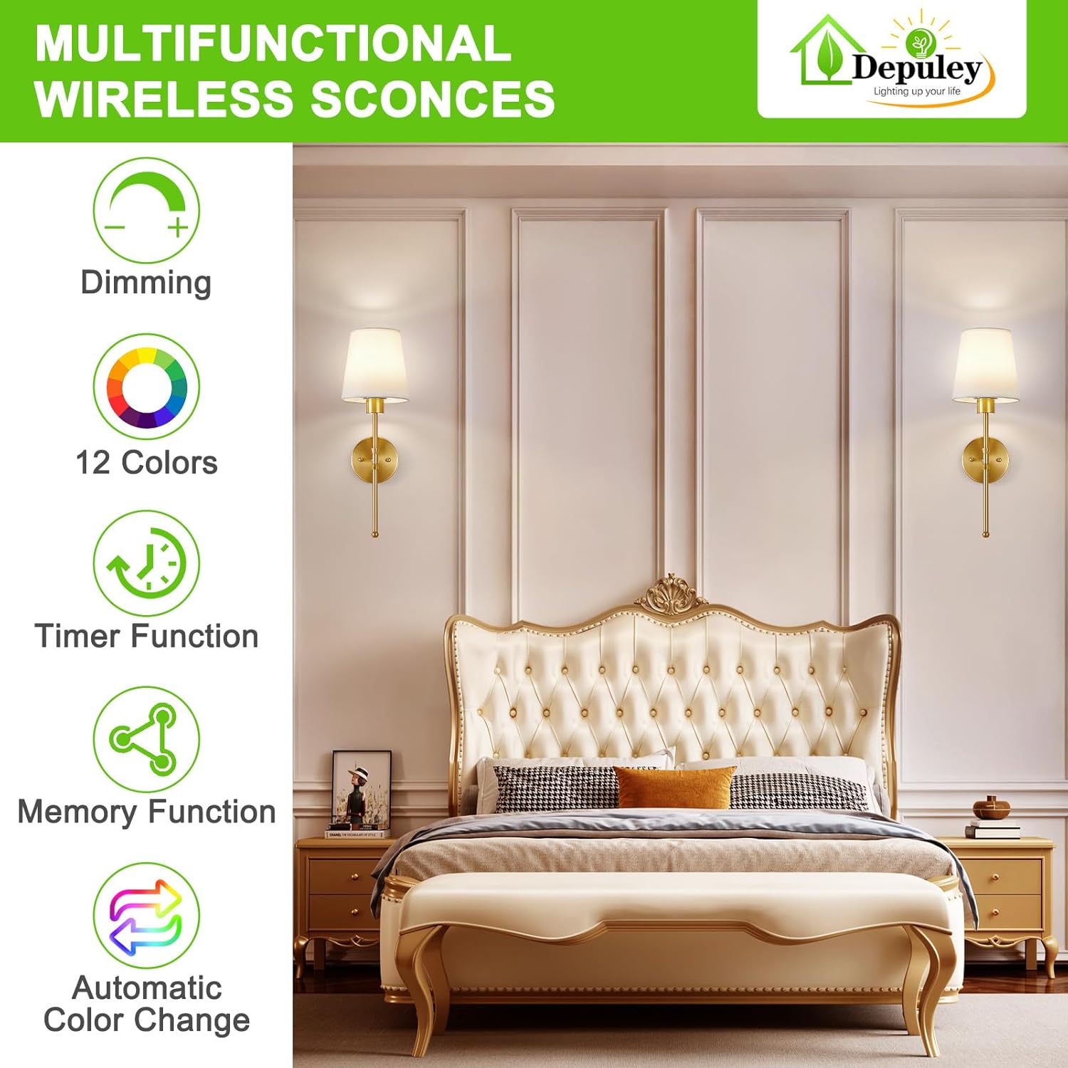 Depuley Battery Operated Wall Sconce: Set of 2 19.99" Wireless Wall Lights with Remote for Bedroom - Rechargeable 15 Colors Gold Wall Lamp for Living Room Hallway Decor
