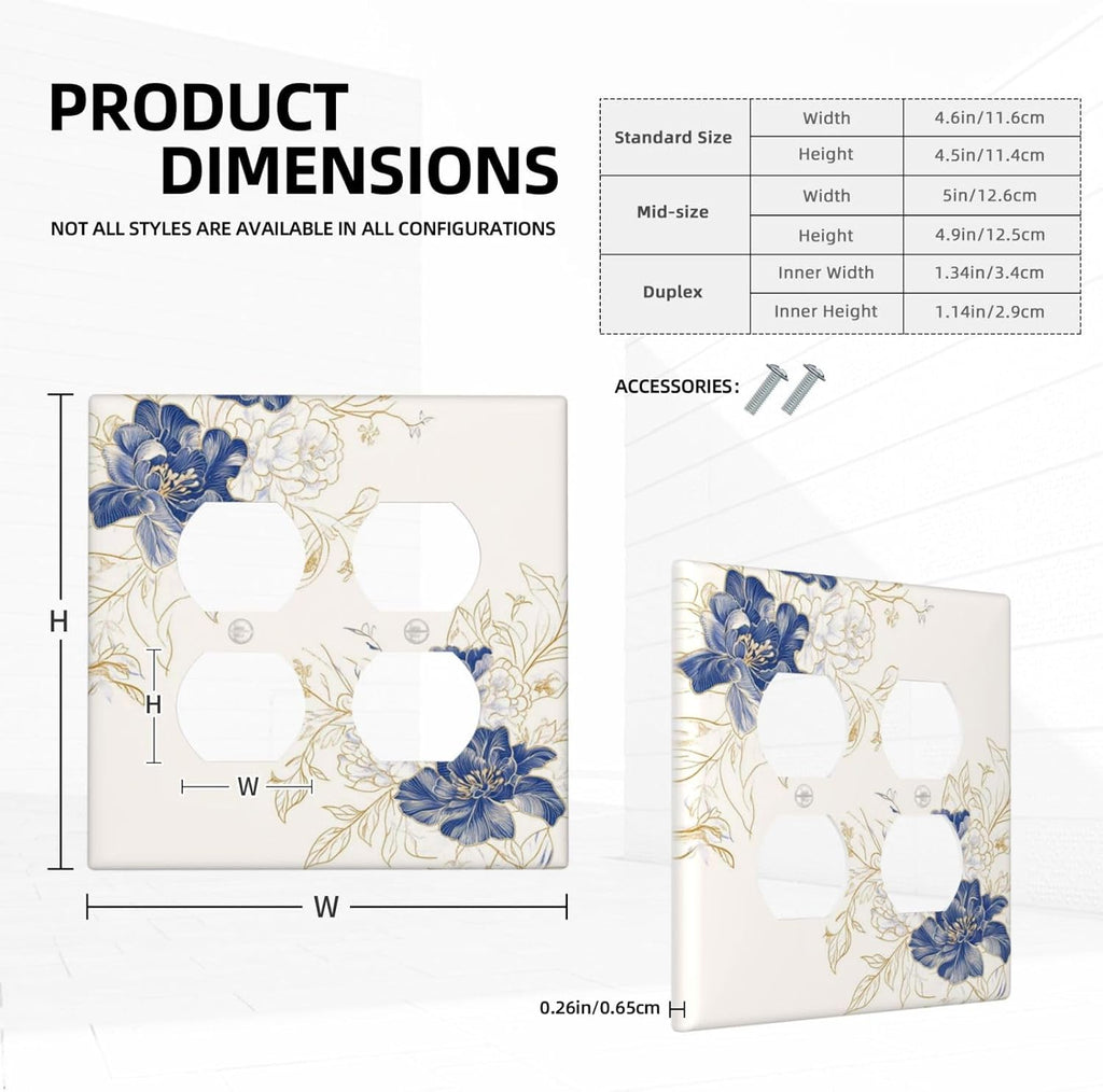 Decorative Outlet Covers Rustic Blue Flower Floral Gold Leaf 2 Gang Light Switch Cover Plate Double Duplex Wall Plates for Electrical Outlets Switch Plate Covers for Bedroom Home Decor