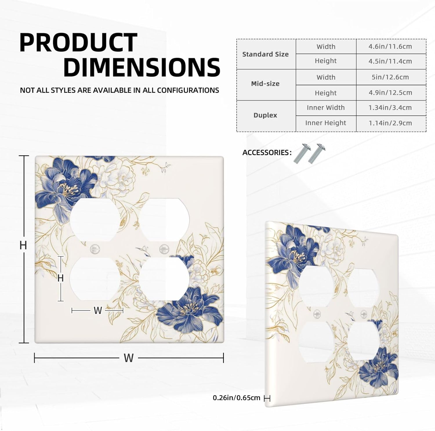Decorative Outlet Covers Rustic Blue Flower Floral Gold Leaf 2 Gang Light Switch Cover Plate Double Duplex Wall Plates for Electrical Outlets Switch Plate Covers for Bedroom Home Decor