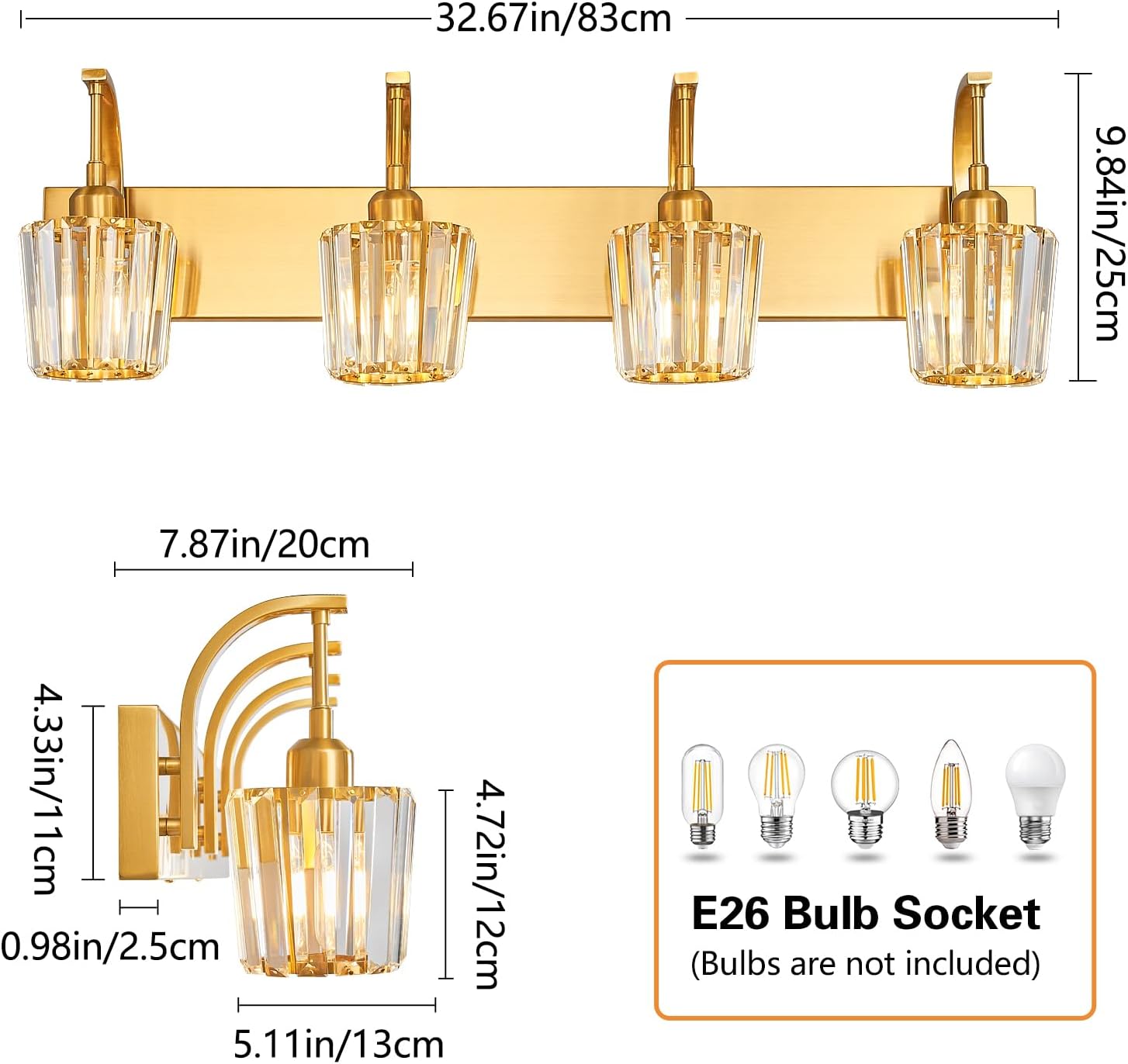 Modern Bathroom Vanity Light, 4-Light Gold Wall Sconce with Crystal Accents, Over Mirror Bathroom Lighting Fixture, 32.67" Long Dimmable Vanity Lamp for Makeup, Easy Installation