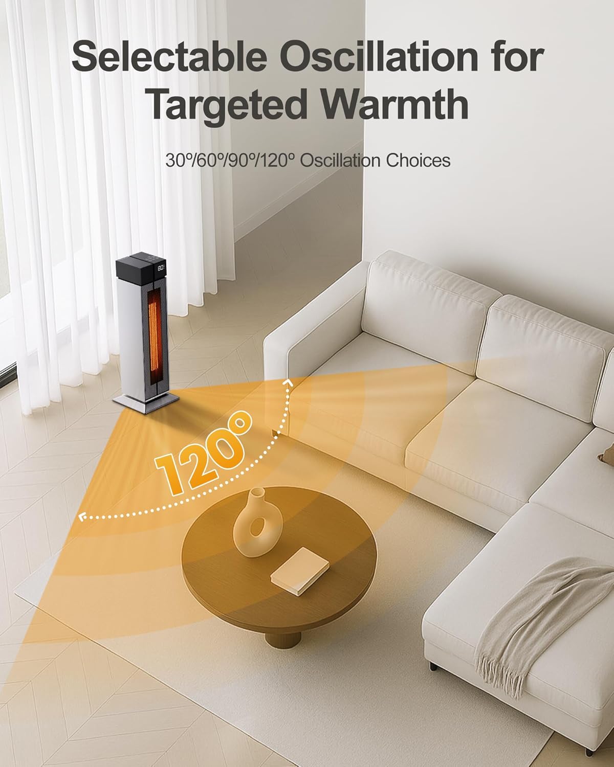Electric Heaters for Indoor Use, 25” Space Heater Large Room with 120° Oscillation, 3 Heat Levels, 3 Modes, Multiple Safety Protections, 12H Timer, Silver Ceramic Tower Heater for Bedroom