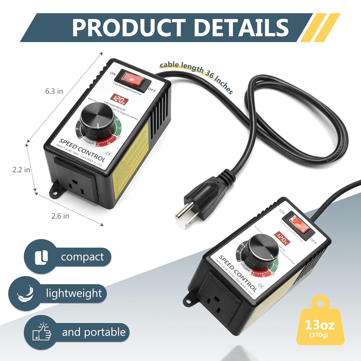 AC Motor Speed Controller 100V-120V 15A Max Variable Fan Speed Controller, Electronic Voltage Regulator for Electric Motors with Electronic Voltage Regulator & LED Display, and Overload Protection