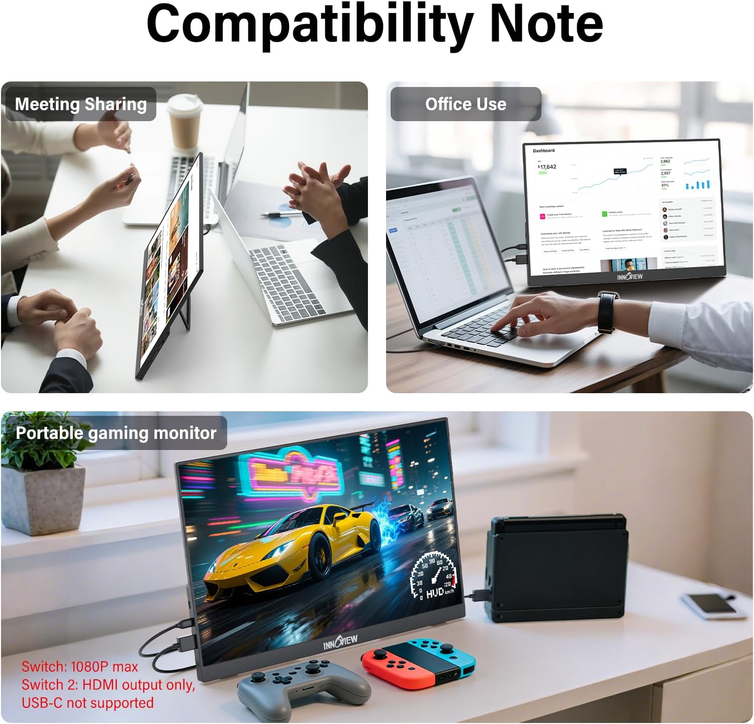 InnoView 16-inch 180Hz Portable Monitor FHD1920×1200 100% sRGB Laptop Screen Extender | 2 x Type-C & HDMI 16:10 Portable Monitor Compatible with 144hz/Macbook/Switch/PS5/Xbox