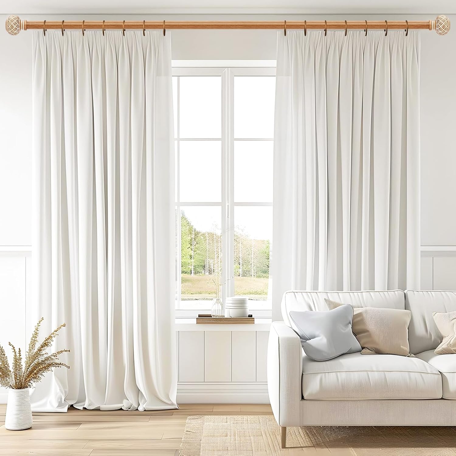 2 Pack Wood Curtain Rods for Windows 28 to 48 Inches, Decorative 1'' Diameter Heavy Duty Adjustable Rustic Farmhouse Drapery Pole with Boho Imitation Wooden Grain Finials, Size: 30''-60'', Brown