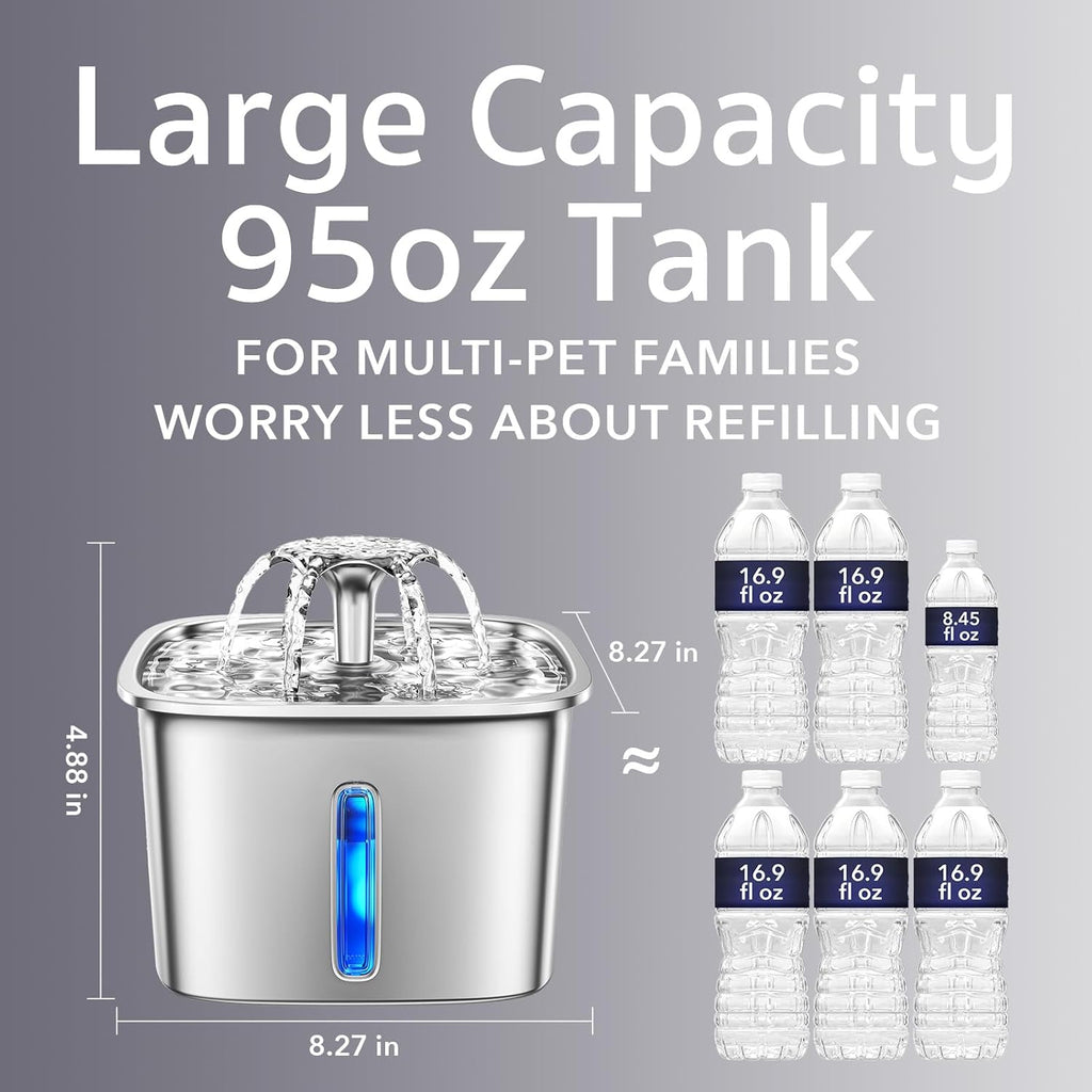 Veken Innovation Award Winner Stainless Steel Cat Water Fountain, 95oz/2.8L Automatic Pet Fountain with 6 Replacement Filters & 6 Pre-Filter Sponges & Silicone Mat for Cats, Dogs (Silver)