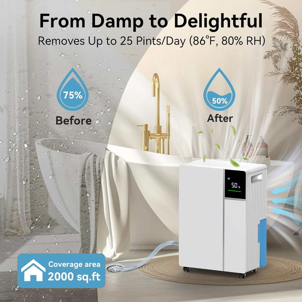 2000 Sq.Ft 25 Pints Dehumidifier with Drain Hose, 32dB Sleep Mode Dehumidifiers for Home, Intelligent Humidity Control, 3 Modes, Auto Off, Safe Dehumidifier for Basement, Bedroom Bathroom Garage RV