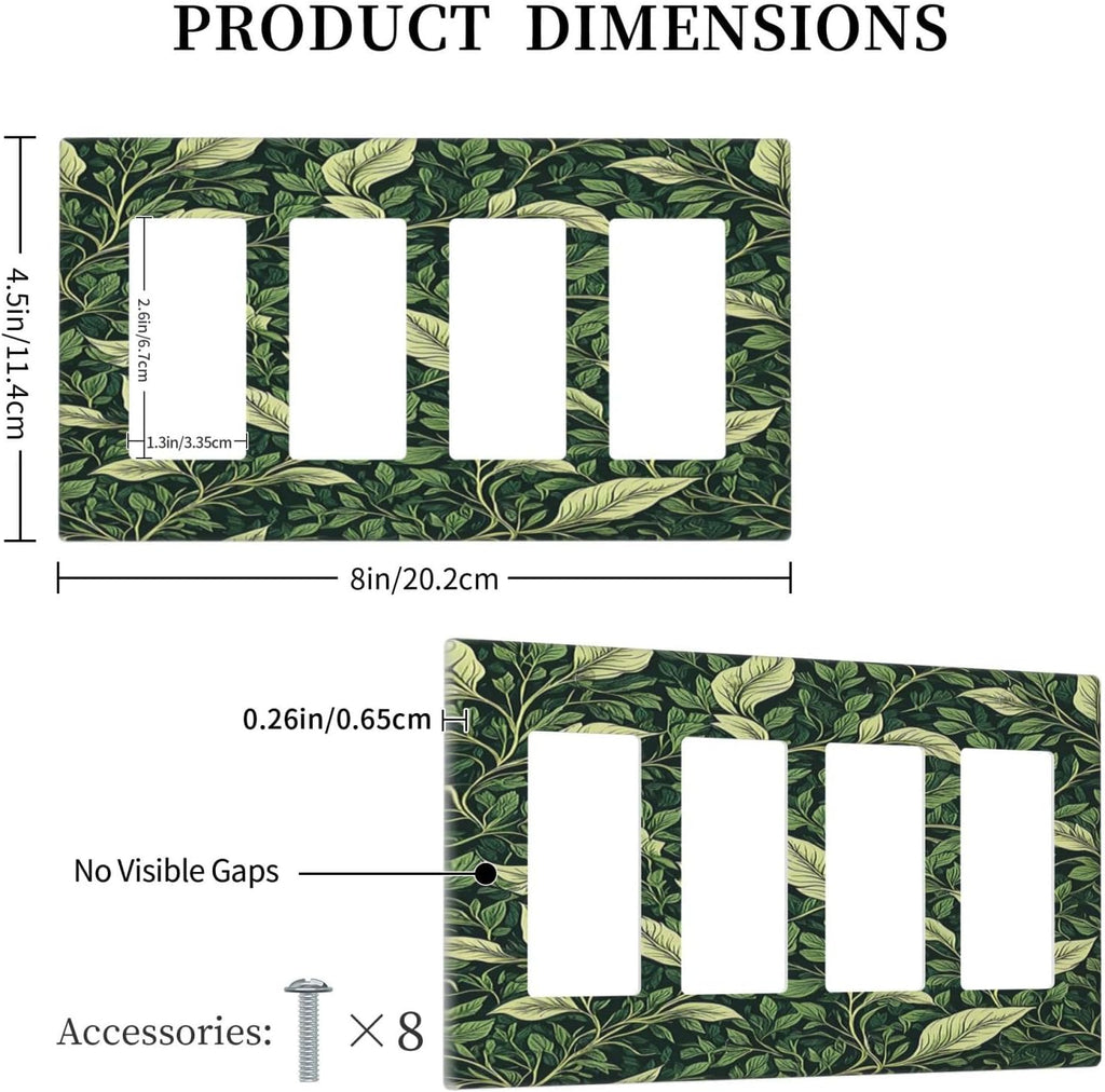 Vintage Green Plant Leaves 4 Gang Wall Plates Outlet Covers Quad Rocker Light Switch Cover Plate Decorative Switch Plates GFCI Electrical Faceplate for Bathroom Bedroom Decor 4.5 X 8 IN