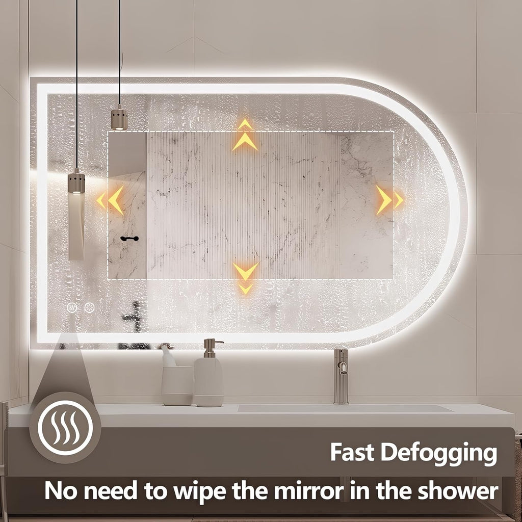Niccy Arched LED Bathroom Mirror, 48x30 Arch Wall Mounted Frameless Bathroom Mirror for Vanity, Smart Lighted Frontlit Mirrors with Memory Function for Bathroom Bedroom Beauty Hair Salon