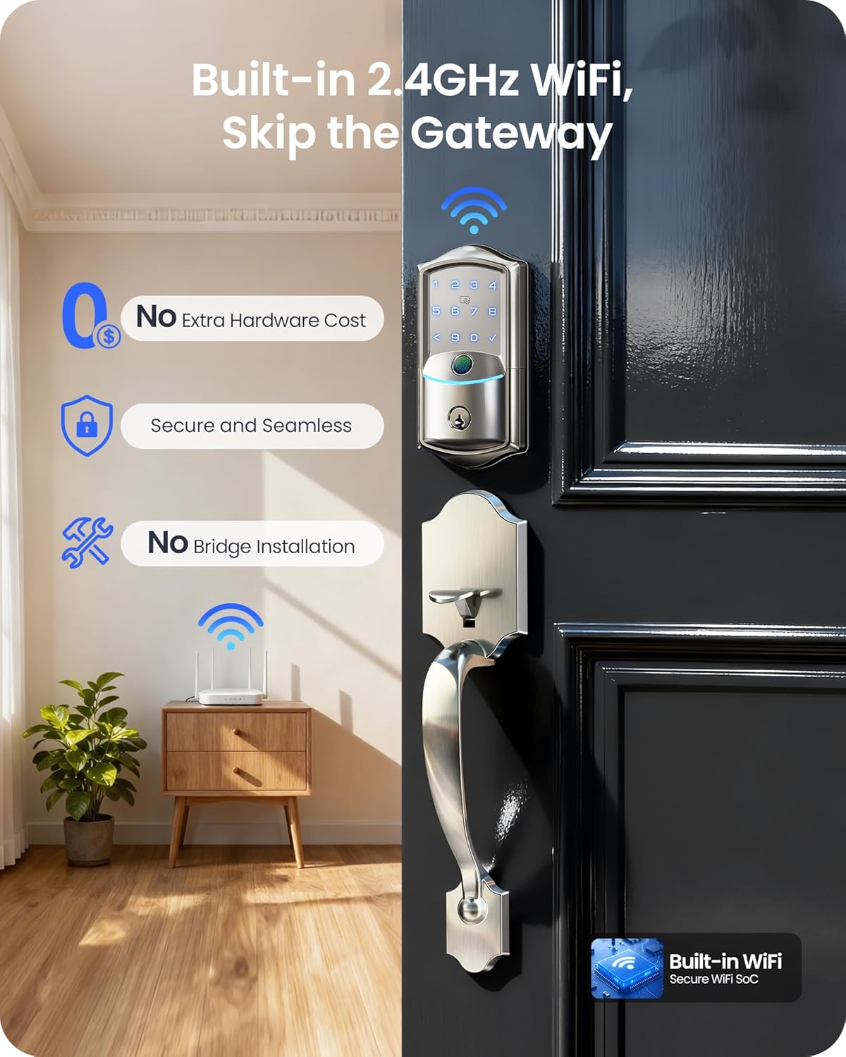 Veise VE027-H WiFi Fingerprint Smart Deadbolt Lock with Handleset, App Remote Control, Keyless Entry Front Door Lock Set, Built-in Wi-Fi, Touchscreen Keypad, Auto-Lock, Easy Setup, Satin Nickel