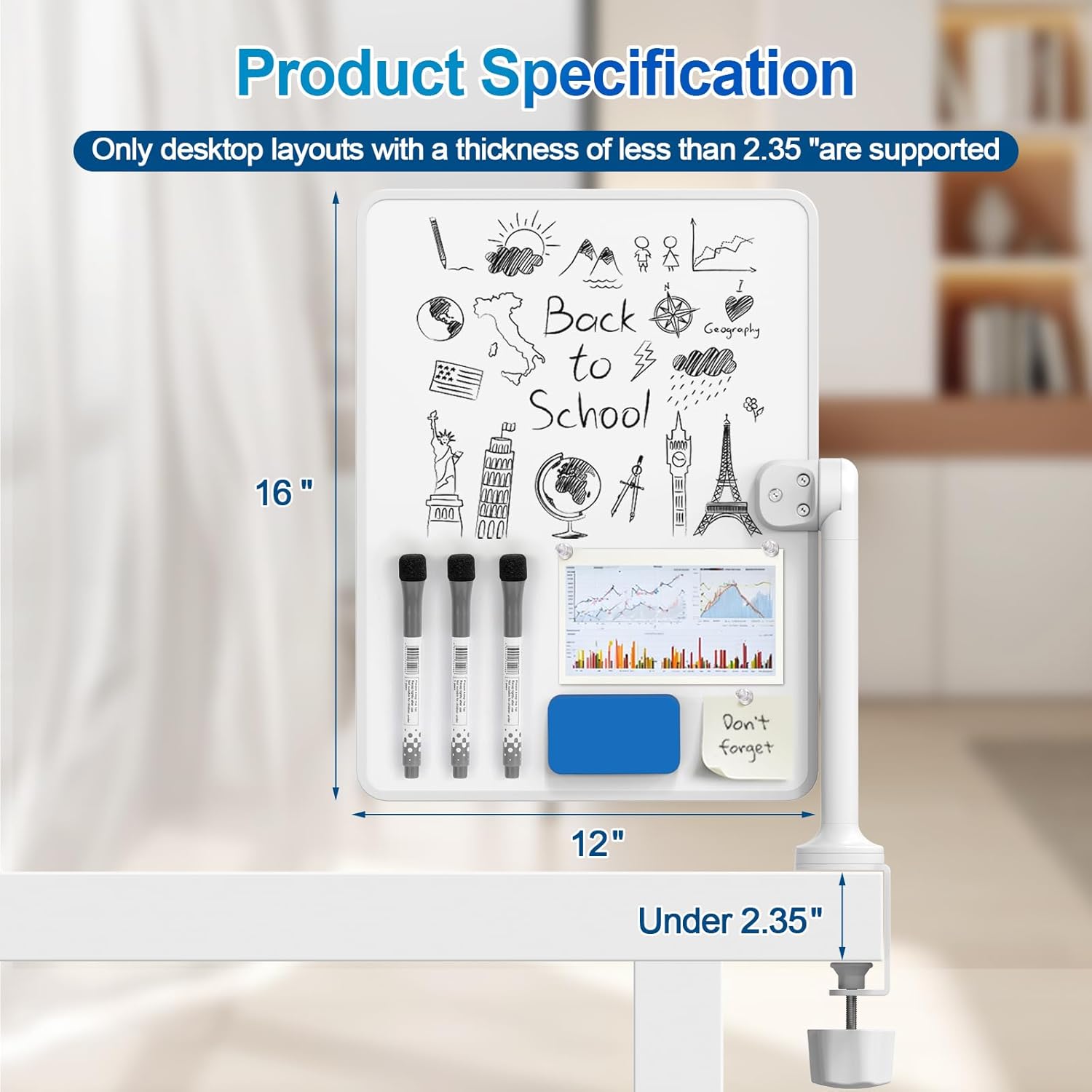 Double-Sided Desk Whiteboard with Dual 360° Swivel - 16" x 12" Clamp-On Desktop Whiteboard for Tables Under 2.3" Thick for Office, Home, School(2pc)
