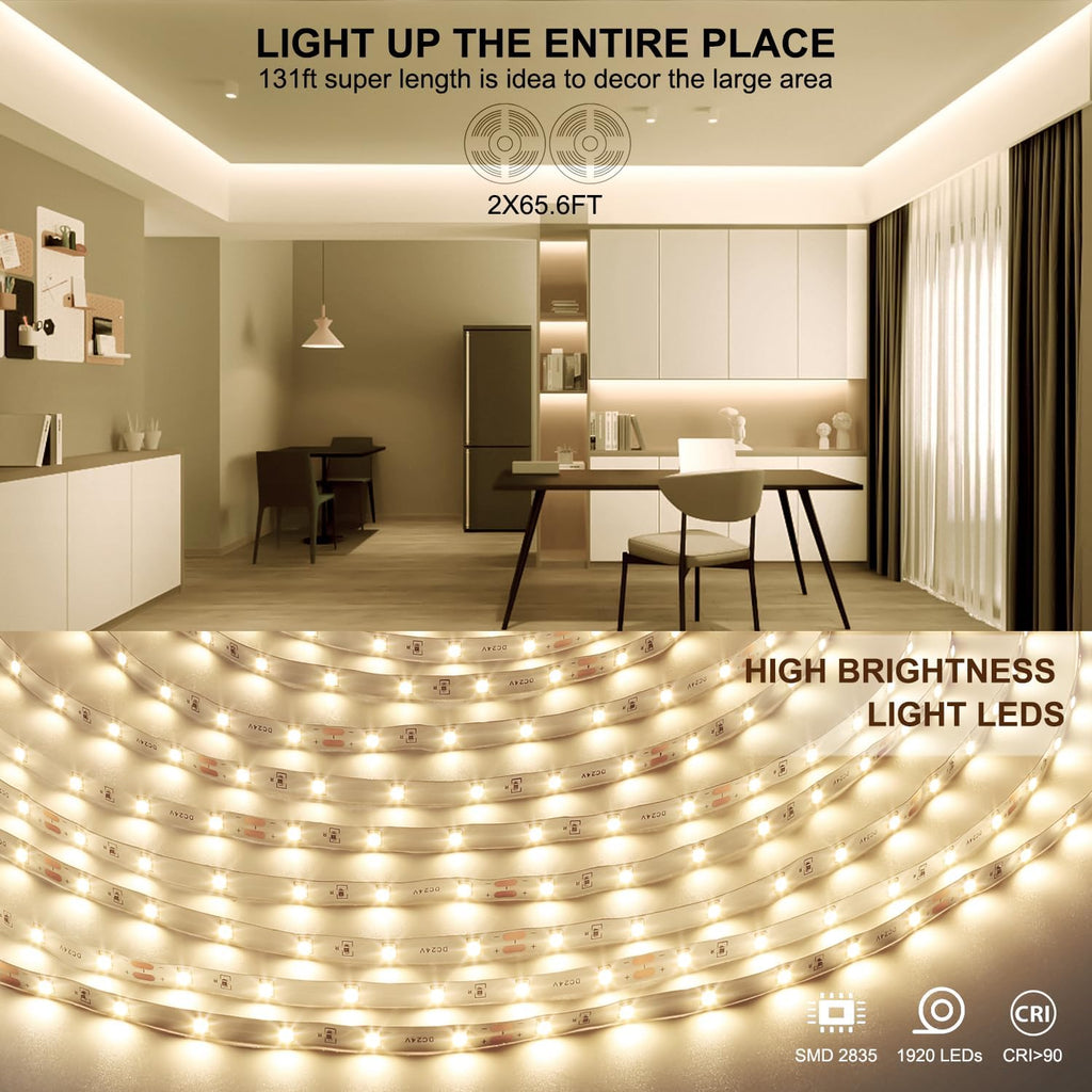 White LED Strip Lights, 131ft Dimmable 24V LED Lights Strip 4000K Bright Natural White, Flexible Tape Lights for Bedrooms, Kitchen, Cabinet, Christmas Decor, 2 Rolls of 65.6ft