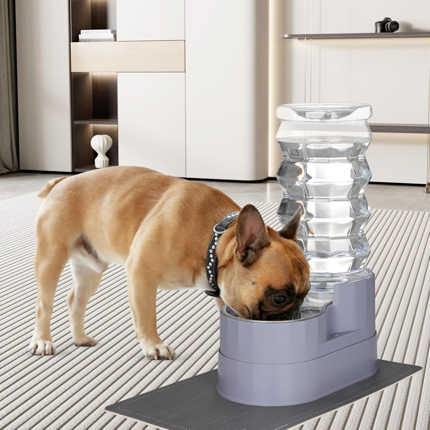 RIZZARI Large Water Dispenser for Dogs: 8L Gravity Gray Automatic Stainless Steel Waterer with Specialized Brush and Triple Filter - Raised Pet Feeder for Senior Dogs with Joint Pain in Bedroom Garden