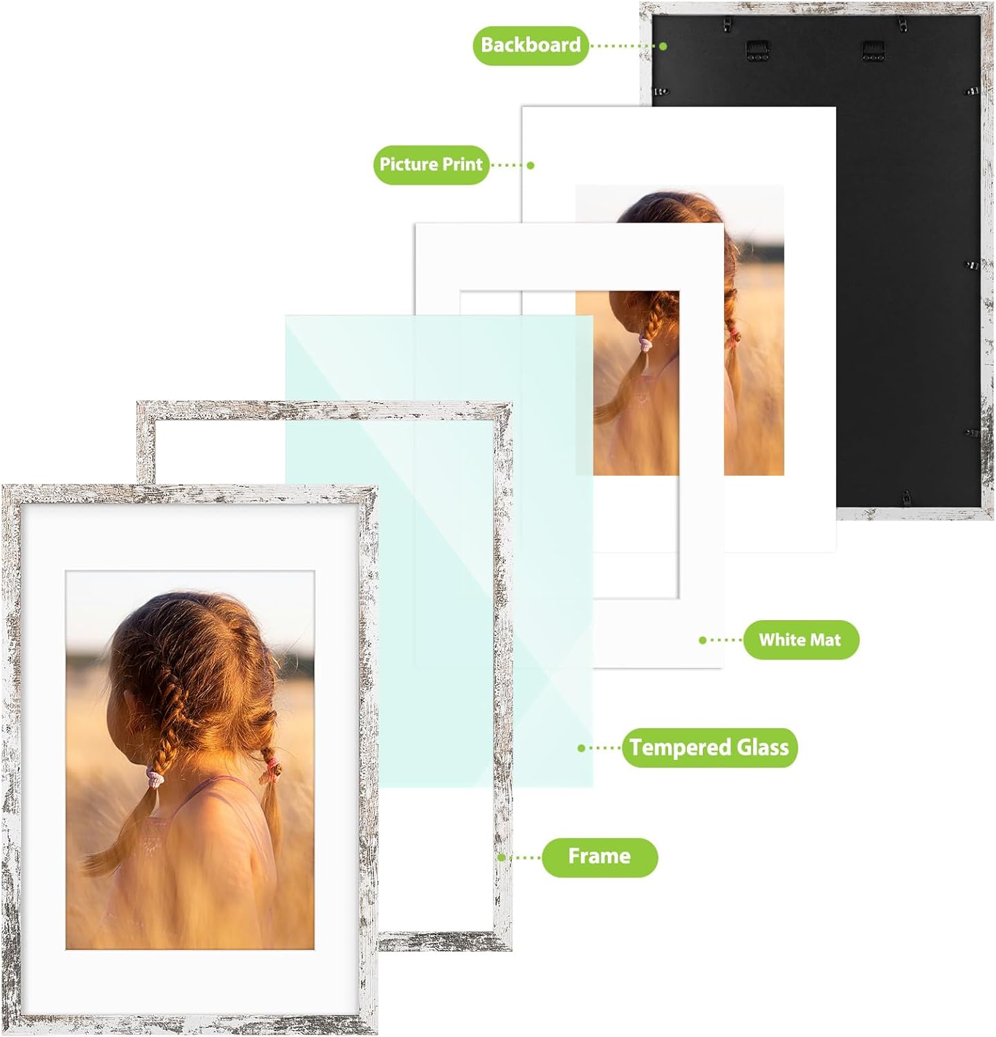 Golden State Art, 16X24 Picture Frame with Mat for 12X18 - High Definition Glass Wall Mounting Horizontal Vertical Display (Weathered White, 2 Pack)