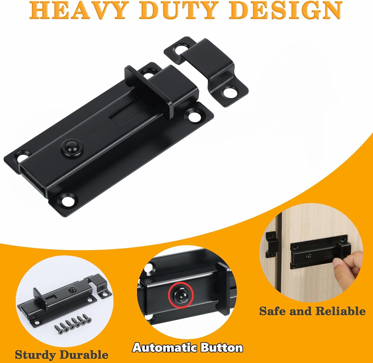 Alise Slide Bolt Gate Latch,Spring-Automatic Barrel Bolts Latches Safety Door Lock,Gate Hardware for Inside Door Fence Toilet Barn Pet Doors,Stainless Steel Black Bolt Latches,MS3000-B