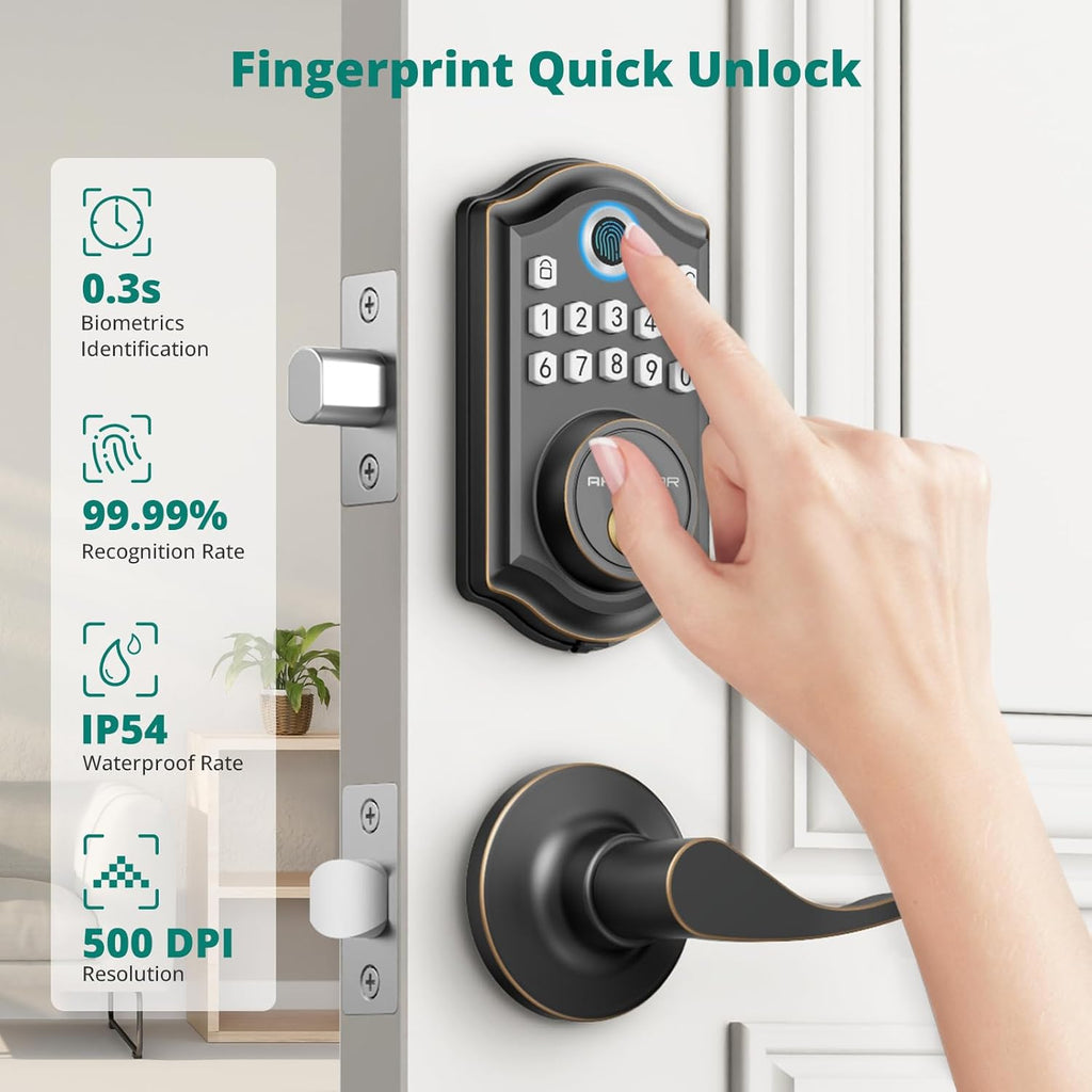 DS10 Keyless Entry Door Lock with Handle - 2 Lever Handles, Fingerprint Door Lock, Keypad Deadbolt, 2 Keys, Code, Smart Locks for Front Door, Auto-Lock, Easy Installation - Oil Rubbed Bronze