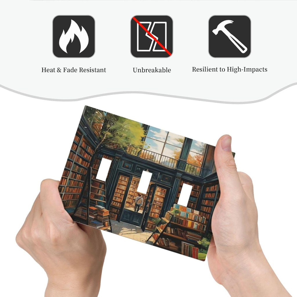 Library With A Lot Of Books Light Switch Covers 3 Gang Triple Toggle Wall Plate Decorative Switchplate Electrical Faceplate for Farmhouse Living Decor