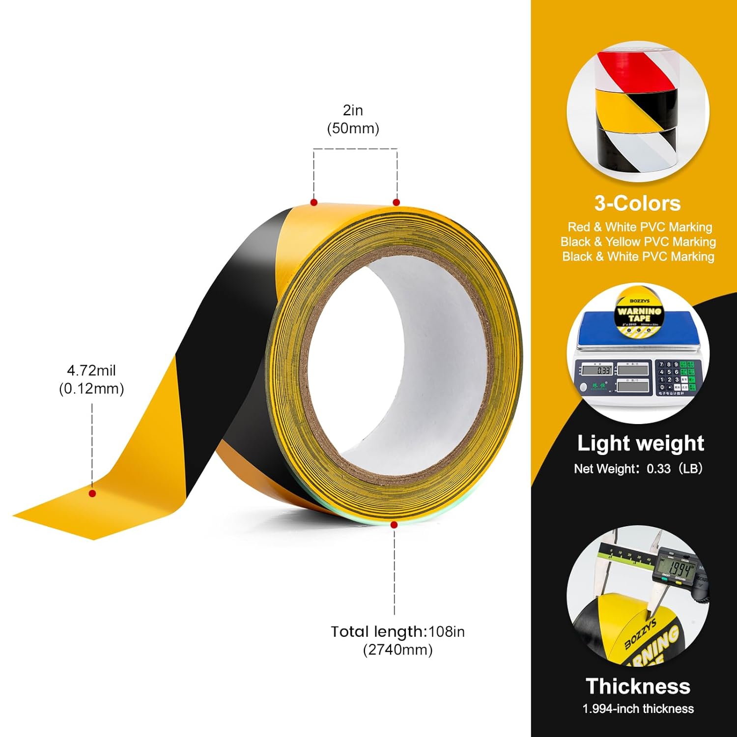 Industrial Black & Yellow Caution Tape 2-Pack | 2in x 108ft Floor Marking Tape | Waterproof & Forklift-Proof | Long-Lasting for Warehouse, Factory, Parking