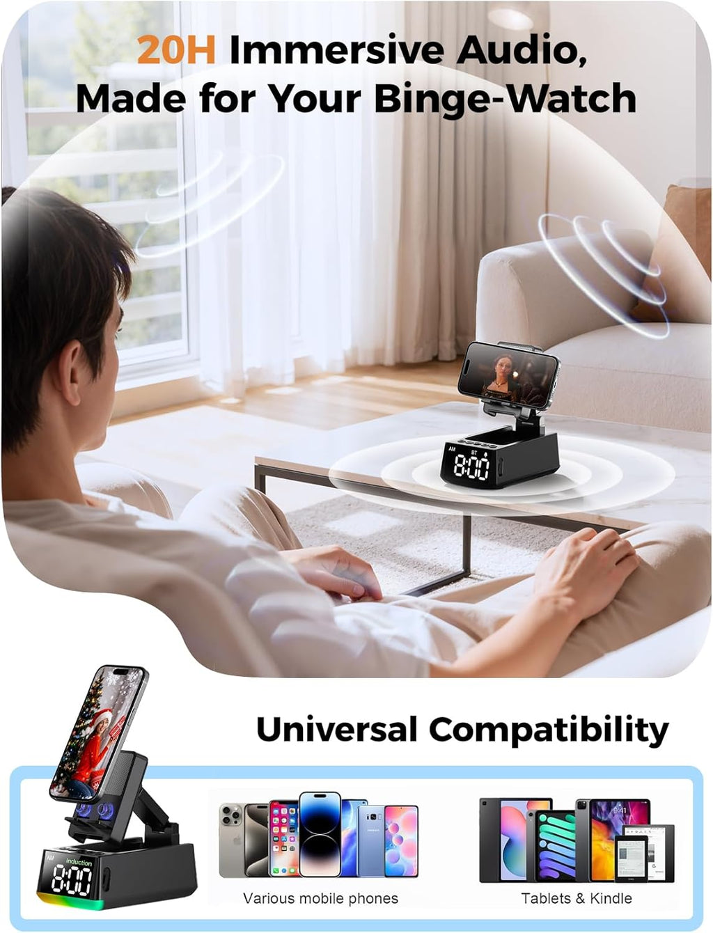 Bluetooth Speaker Birthday Gift for Men:Induction Cell Phone Stand HD Sound Valentines Gifts For Him Her Adult Teen,Anti-Slip Phone Holder Kitchen Gadget Women Mom Wife,Dad Husband Boyfriend(Black)
