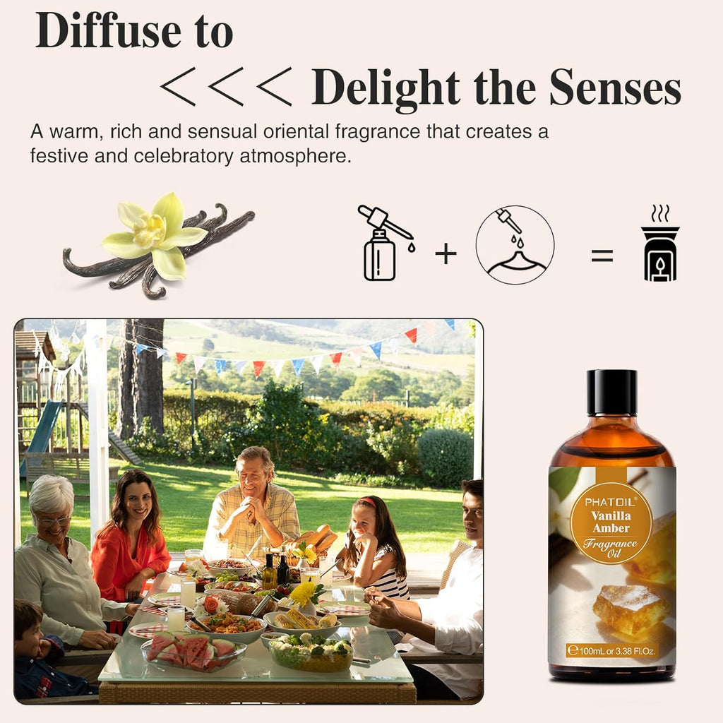 PHATOIL 3.38FL.OZ Vanilla Amber Fragrance Oils for Aromatherapy, Essential Oils for Diffusers for Home, Perfect for Diffuser, Yoga, Skin Care, DIY Candle and Soap Making - 100ml