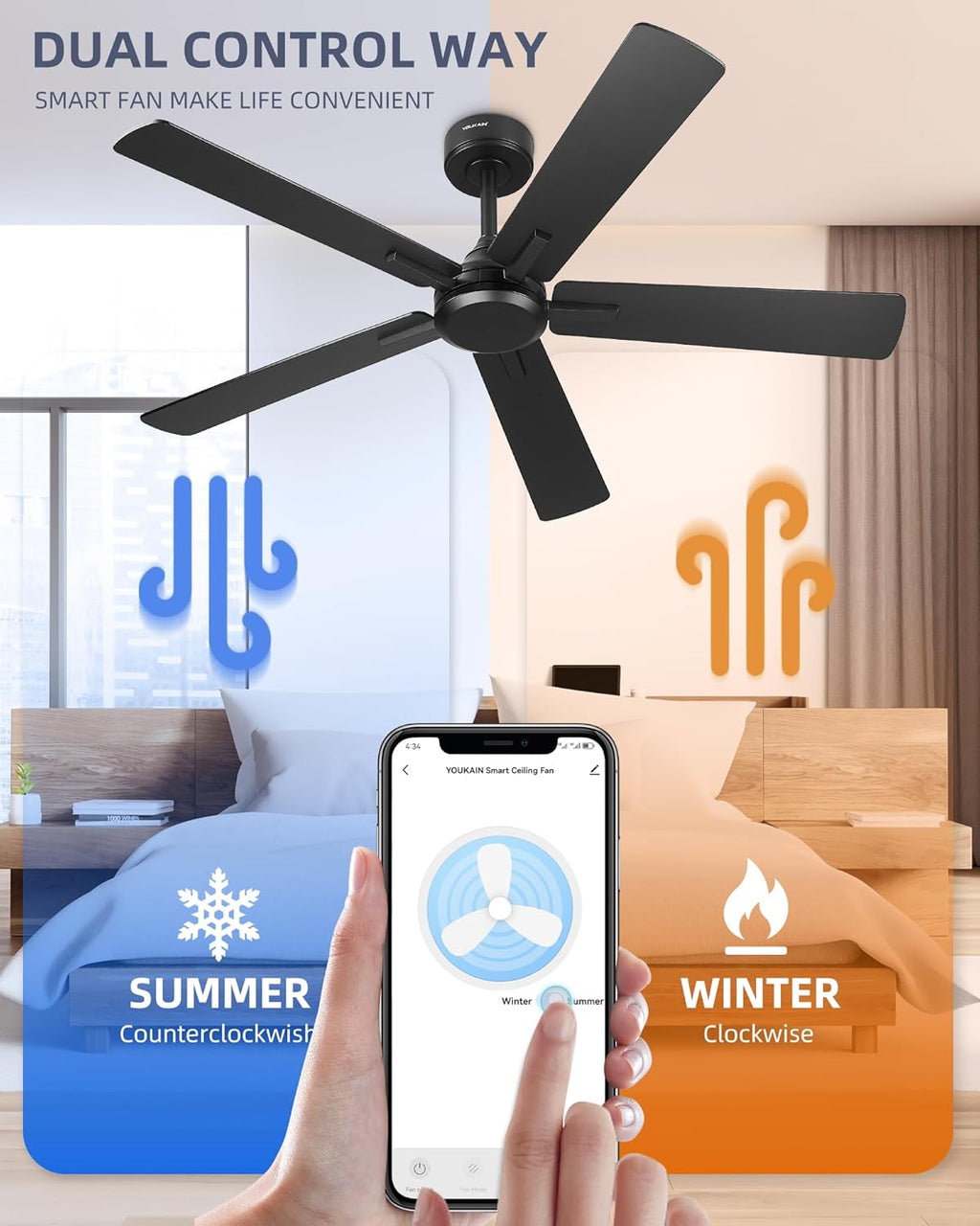 YOUKAIN Ceiling Fan without Light, 52 Inch Black Ceiling Fans, Smart Ceiling Fans Remote & APP Control, Reversible Blades, Outdoor Ceiling Fan for Bedroom, Living room, 52-YJ812-BK-NL