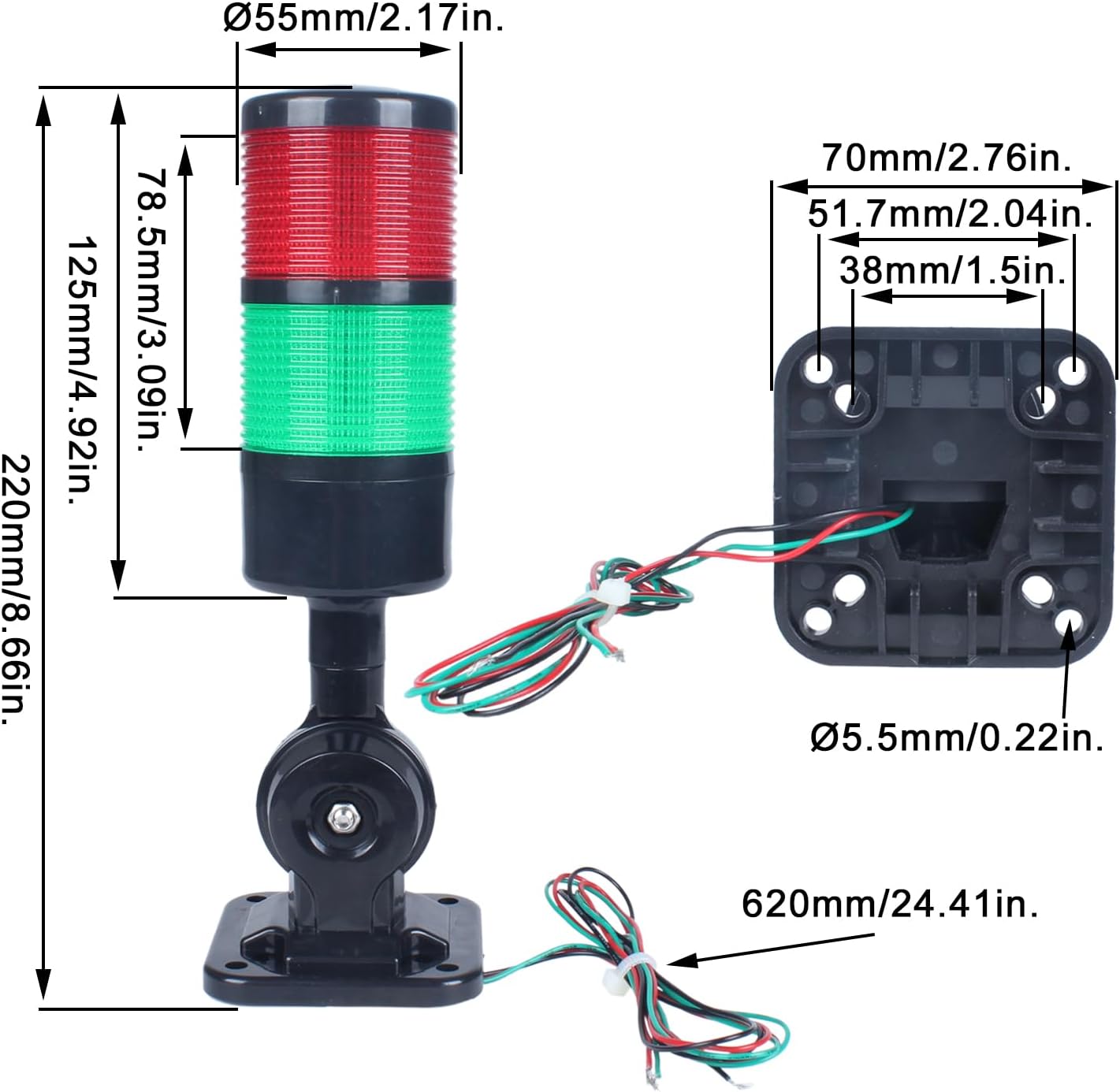 Led Signal Tower Stack Lights, Industrial Signal Warning Lights, Column Tower Lamp with Rotatable Base, Steady/Flashing Switchable,12V 24V DC(2-Layer, with Buzzer) Black