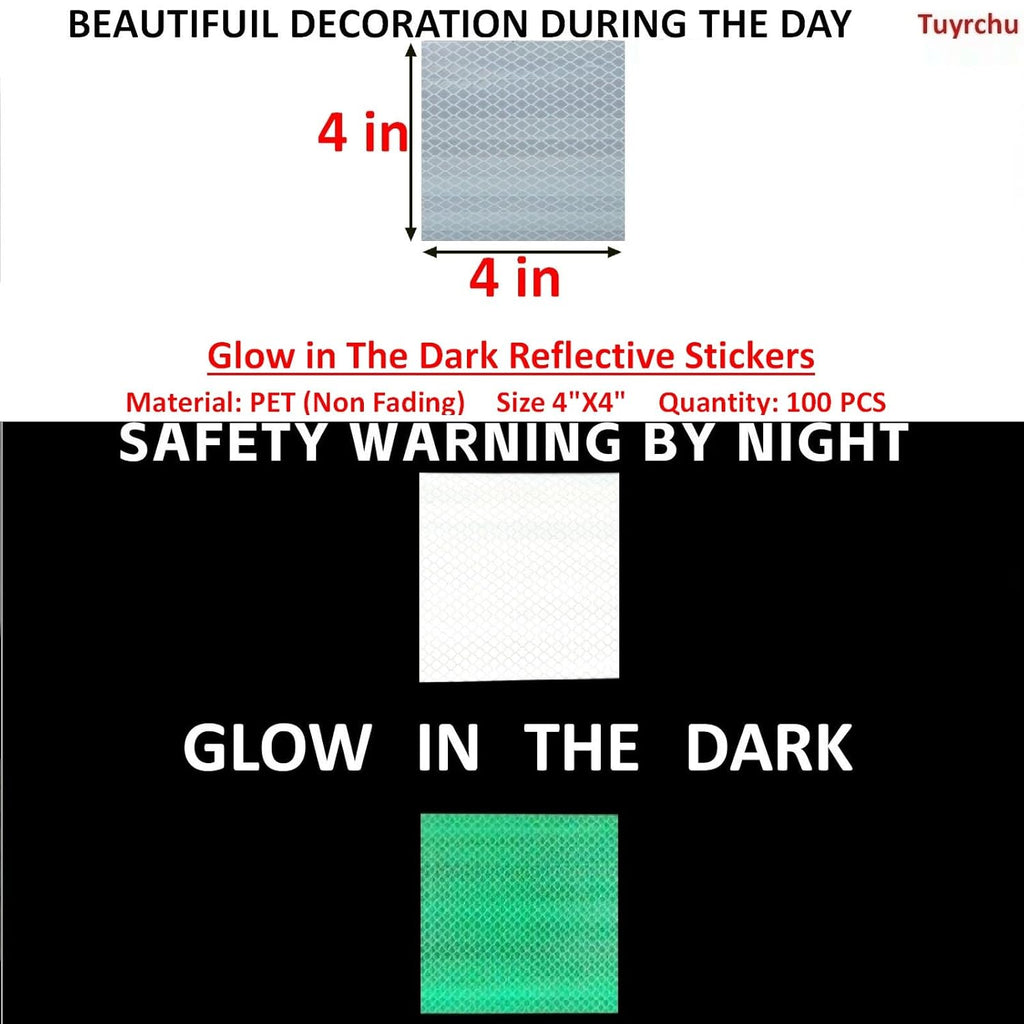 Glow in The Dark Reflective Stickers 4 inch X 4 inch for Car, High Visibility Warning Safety Reflective Strips (100 Pcs)