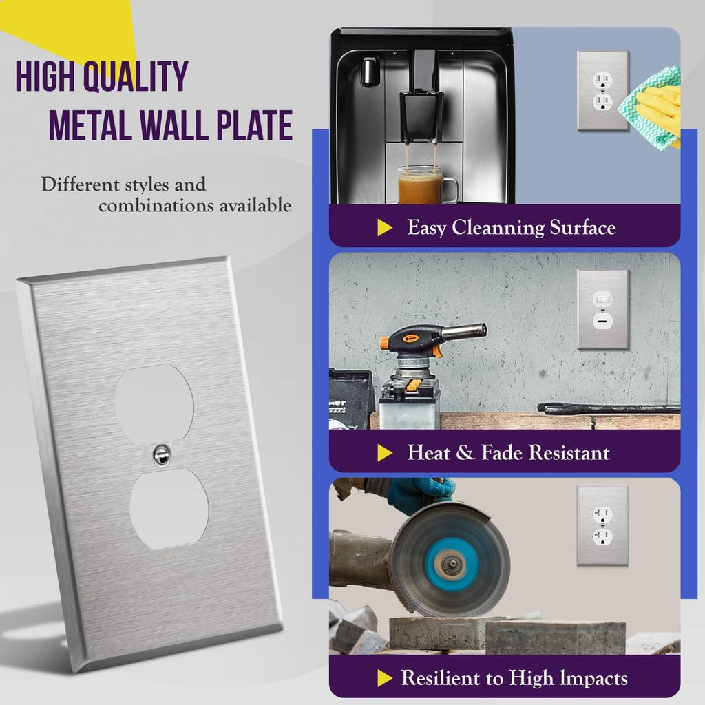 ENERLITES Duplex Receptacle Jumbo Metal Wall Plate, Stainless Steel Outlet Cover, Corrosion Resistant, Over Size 1-Gang 5.5" x 3.5", UL Listed, 7721O, 430, Silver