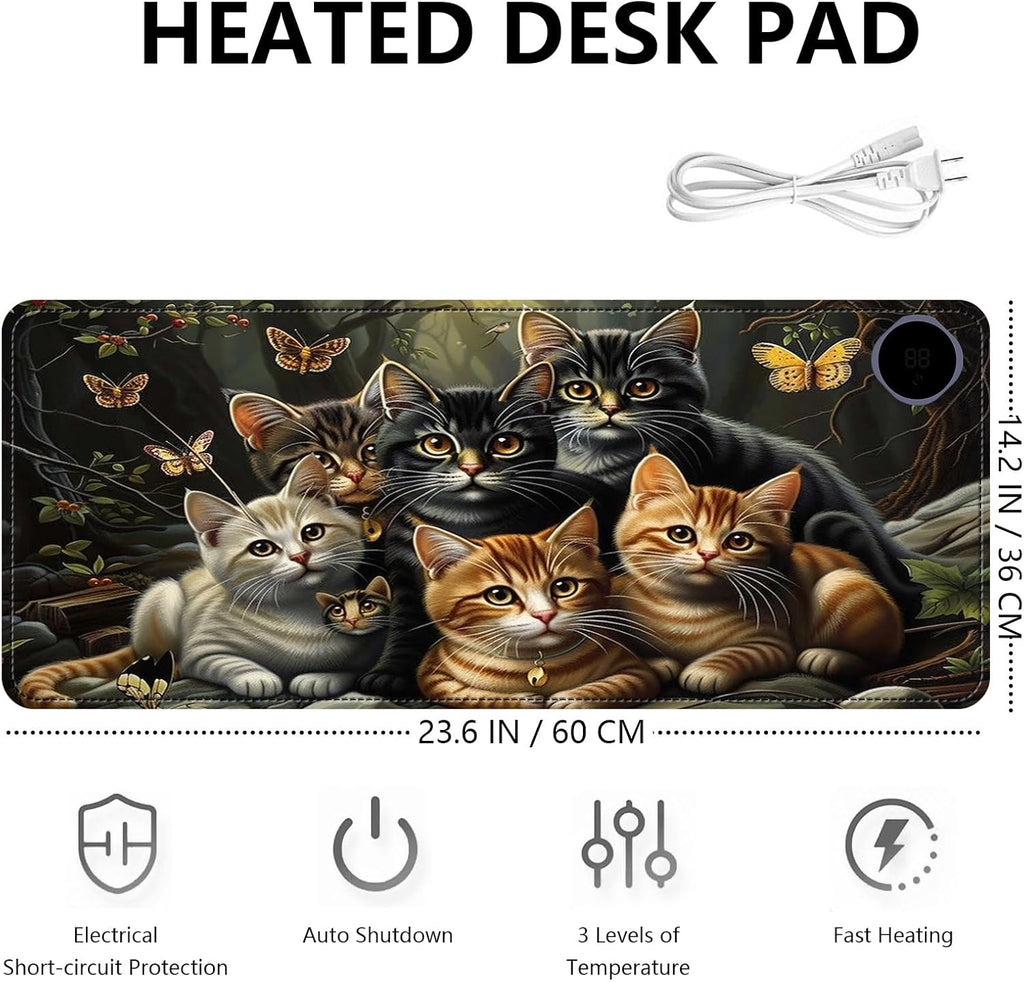 Heated Mouse Pad with 3 Levels Heated & 3 Hours Auto Shut-Off Mouse Pad for Warming Hands in Office Home, 23.6" x 14.2"Large Safe Desk Mat Hand Warmer，A Bunch of Cute Cats