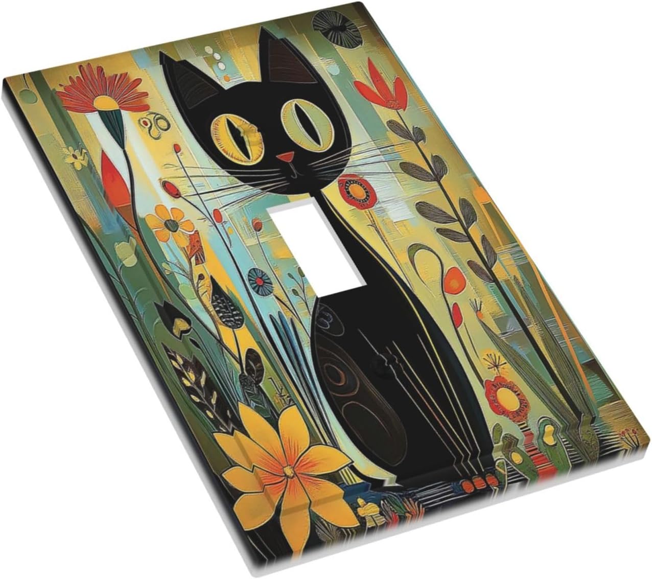 Funny Cat Retro Abstract Flowers Kitten Decorative Light Switch Cover 1 Gang Single Toggle Device Electrical Faceplate Switchplates Decorator Outlet Wall Plate For Kids Room Bed Room Decor