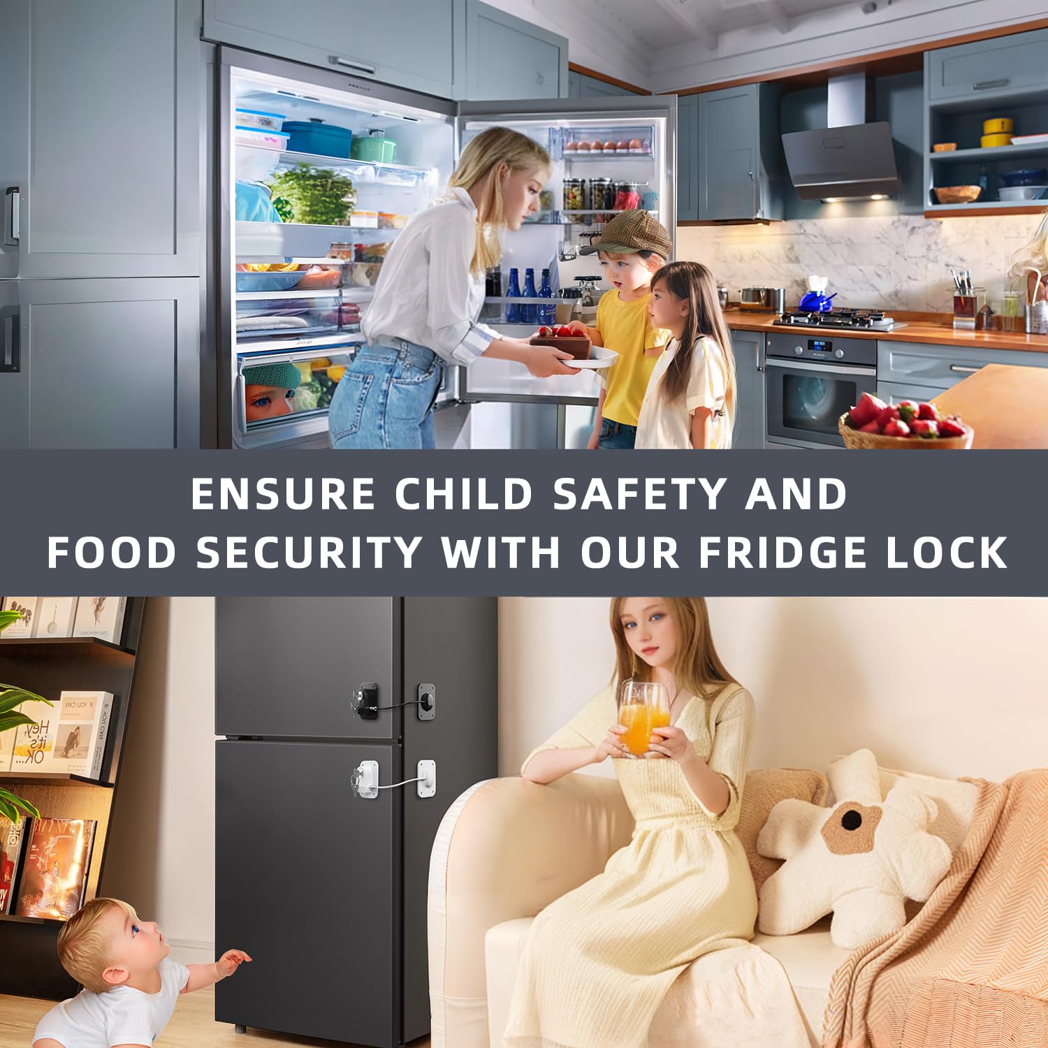 Refrigerator Lock 2 Packs, Baby Proofing Fridge Locks with Silicone Wire Protection & Key - Easy Install Surface-Friendly for Freezer & Refrigerator, Black & White