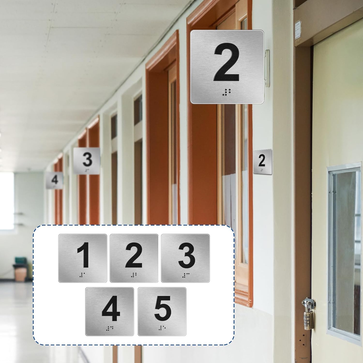 Exam Room Sign Numbers 1-5 with Braille and Tactile 4" x 4" Identification Signs Numbers for Exam Rooms Offices Educational Institution Directional Assistance Test Center, Silver/Black