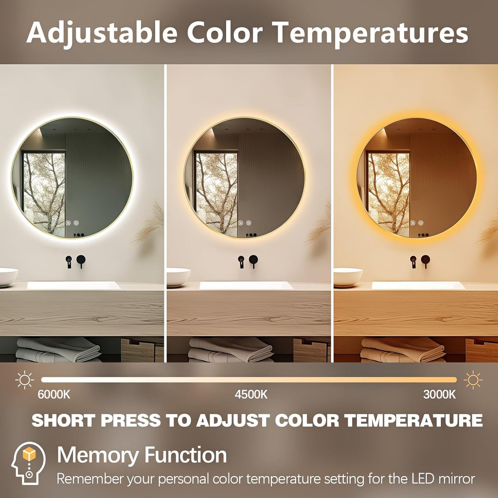 Niccy Round Led Mirror for Bathroom, 28" Backlit Mirrors for Wall Circle Lighted Mirror with Old Gold Frame Anti-Fog, 3 Colors, HD Glass and IP65 Waterproof
