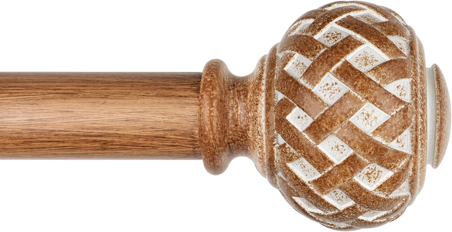 TONIAL Wood Curtain Rod 32 to 86 Inches, 7/8 Adjustable Curtain Rods for Windows 20 to 84 Inches, Splicing Drapery Rods Decorative with Netted Texture Finials