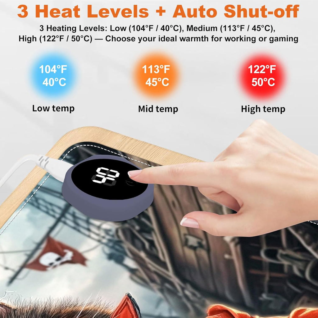 Small Heated Desk Pad 23.6" x 14.2" – Compact Electric Mouse Pad with 3 Heating Levels, Auto Shut-Off, Waterproof PU Surface, Plug-in Warmer for Office or Home Use, Pirate Cat