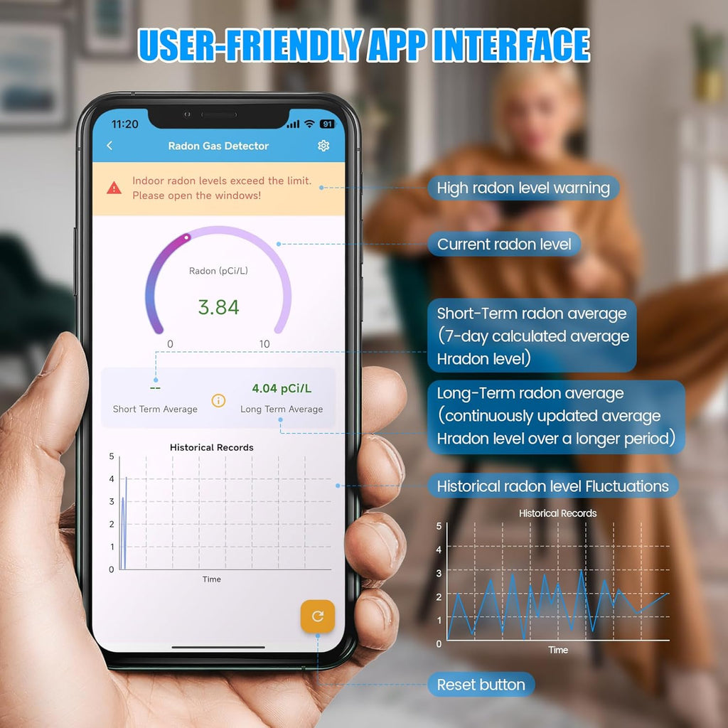 WiFi Home Radon Detector, Portable Radon Meter with Real-Time Short & Long-Term Monitoring, Plug-in Design, Instant Alerts & App Control