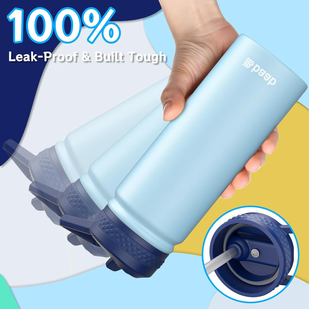 baab 18oz Kids Water Bottle, Insulated Water Bottle with Straw & Stickers, 18/8 Stainless Steel Vacuum Leakproof Kids Water Straw Cup for School, Perfect for Boy Girl (Light Blue, 1 Pack)