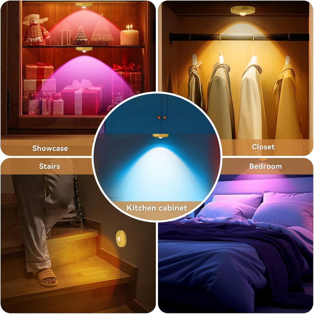 Yiliaw Rechargeable Puck Lights with Remote, Magnetic Under Cabinet Lighting, 1500mAh Battery Operated LED Tap Lights with Dimmer & Timmer for Kitchen, Closet, Shelf，Gold-3 Color Temps-12RGB，12-Pack