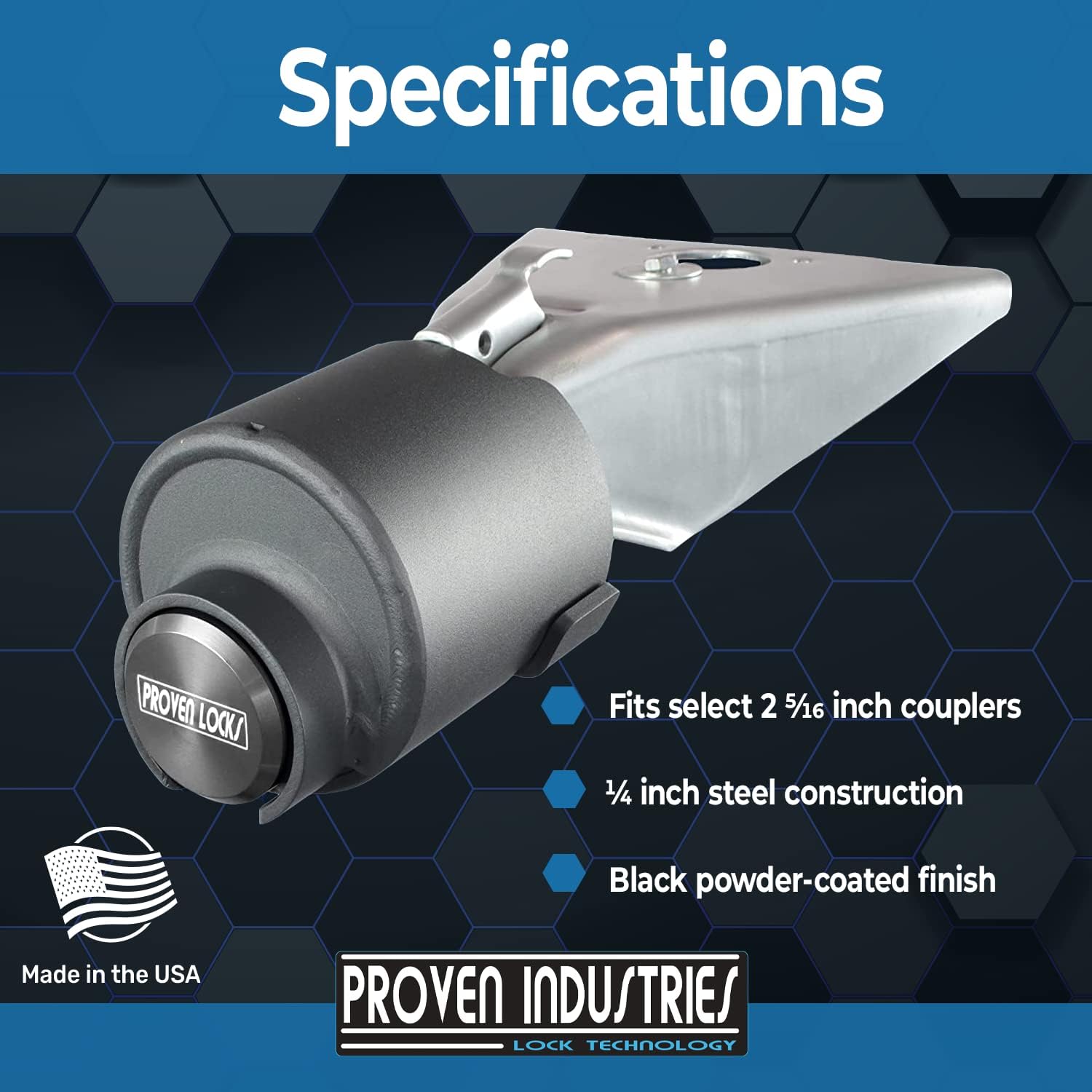 Proven Industries Model 2516 Trailer Lock, Fits 2 5/16-Inch Couplers, Made in The USA, (Black)