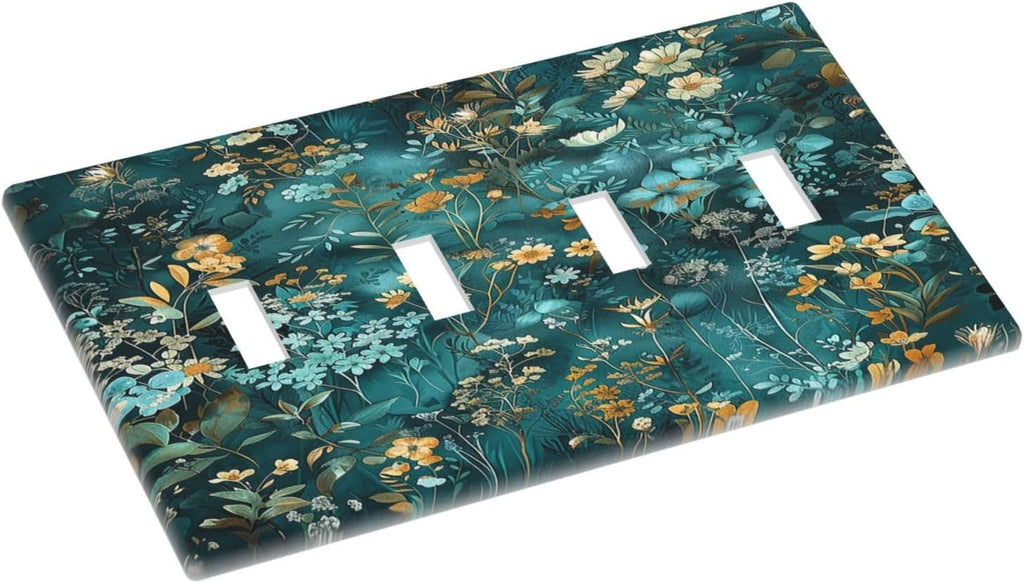 Light Switch Covers Green Leaf Floral Boho Golden Flower Plant Quad Toggle Electrical Faceplate 4 Gang Wall Plate Decorative Switch Plates For Bed Room Cabin Decor