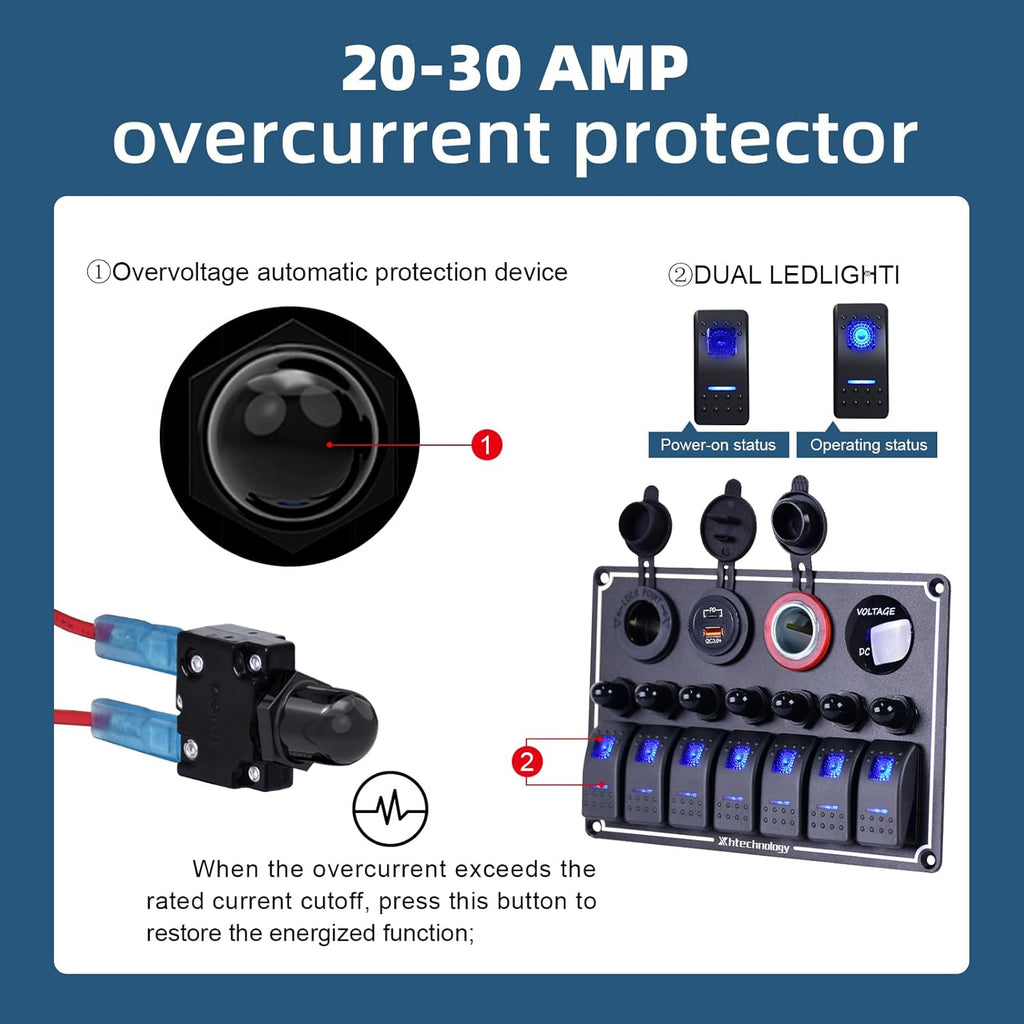7 Gang Marine Boat Switch Panel with Dual USB Charger & Voltmeter, Waterproof Aluminum Rocker Switch Panel for Marine Automotive Truck RV Trailer with Lighter Socket Press Protector, 12/24V Black